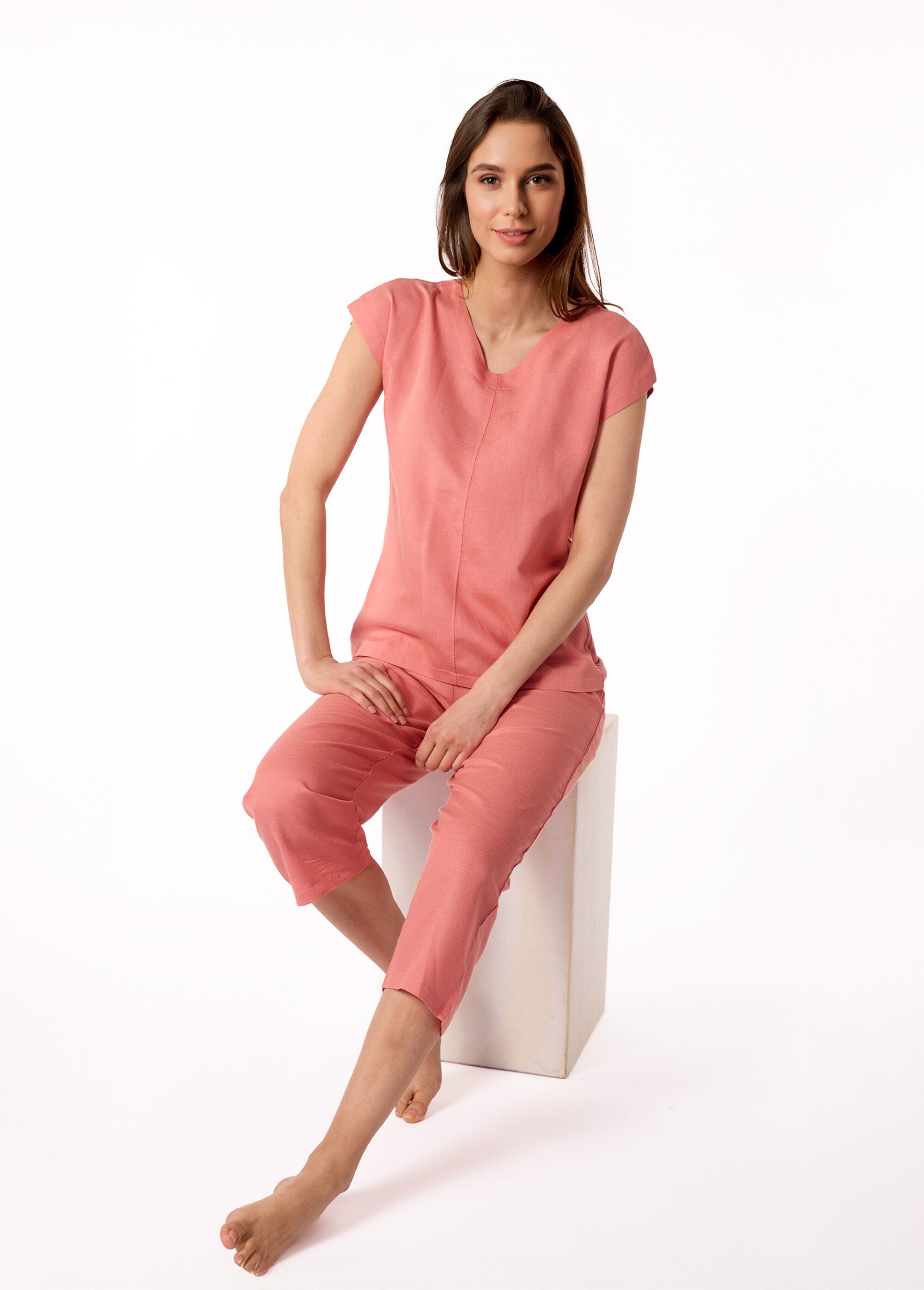 Pyjama avec lin manches courtes col V Femme Orange BE.LISBO.PCOGT SI1