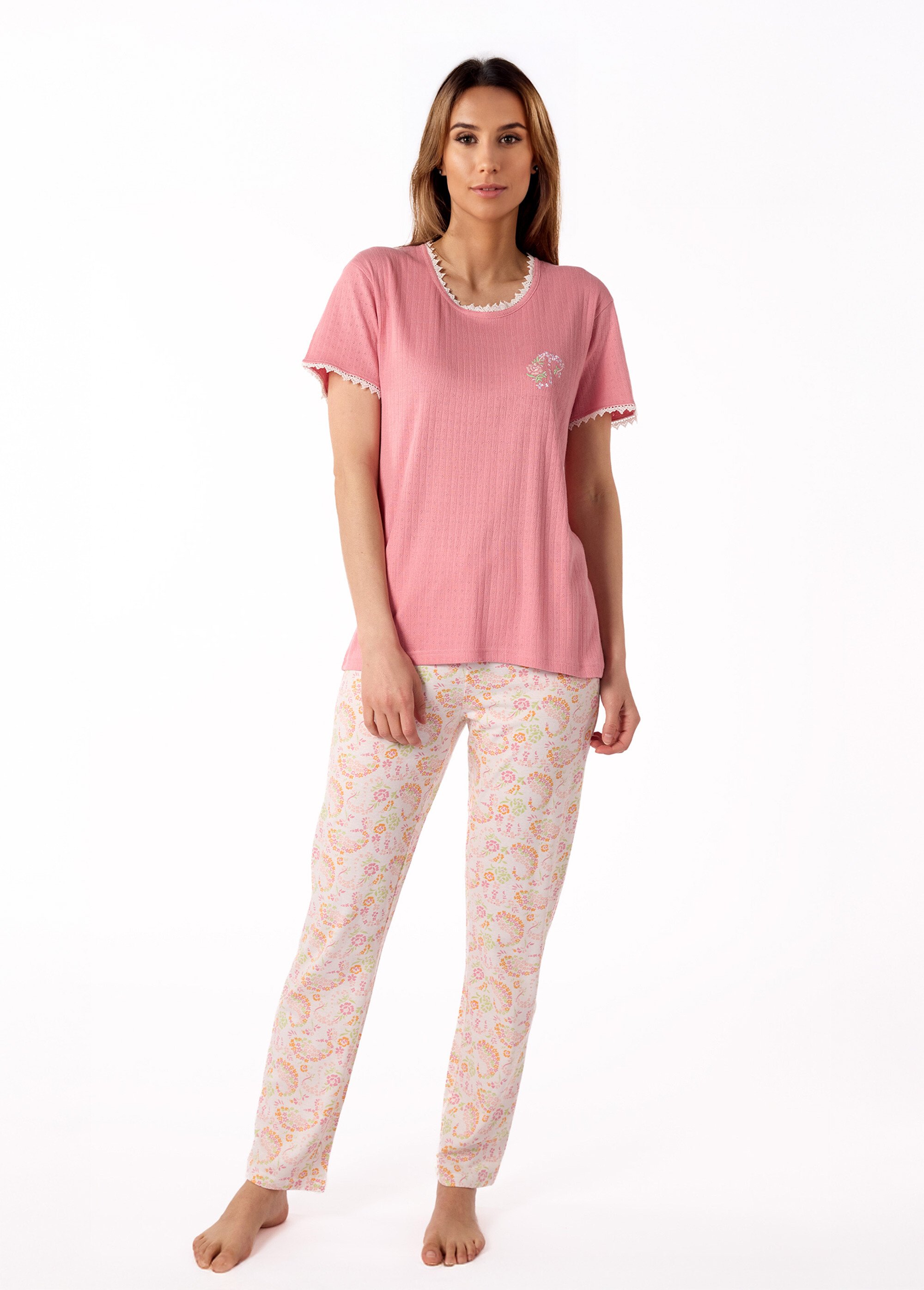Pyjama manches courtes maille pointelle Femme Rose BE.DARJ.PYGT FA1