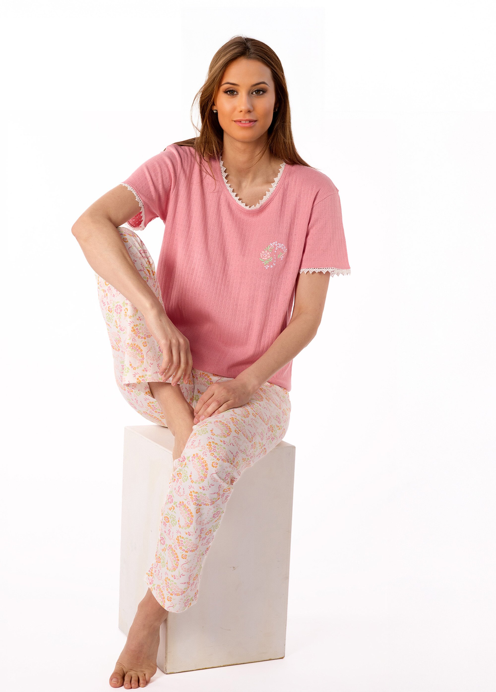Pyjama manches courtes maille pointelle Femme Rose BE.DARJ.PYGT SI1