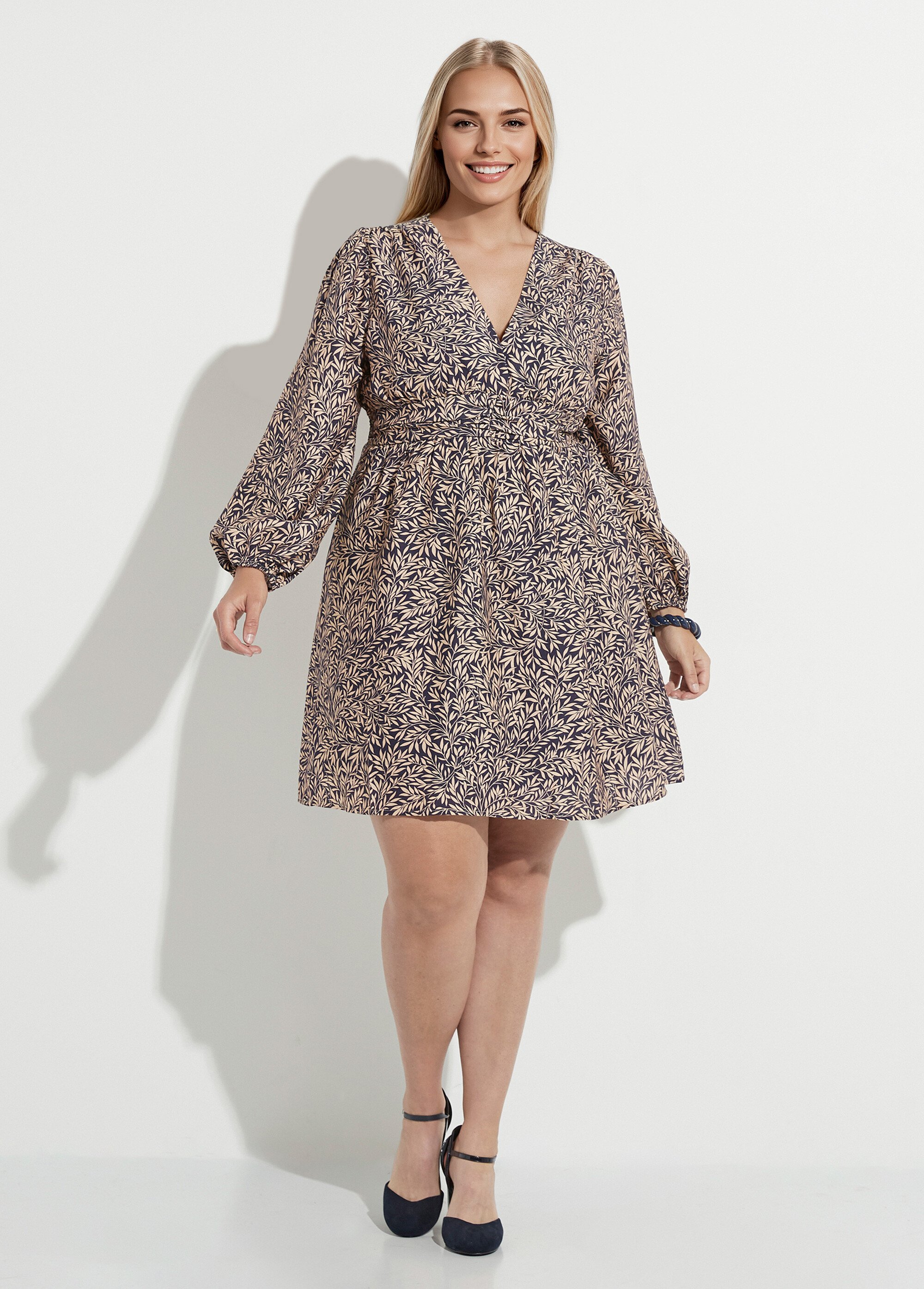 Robe courte taille plissée, feuillage Femme Grande Taille Bleu MAE-M282-5-2109 FA1