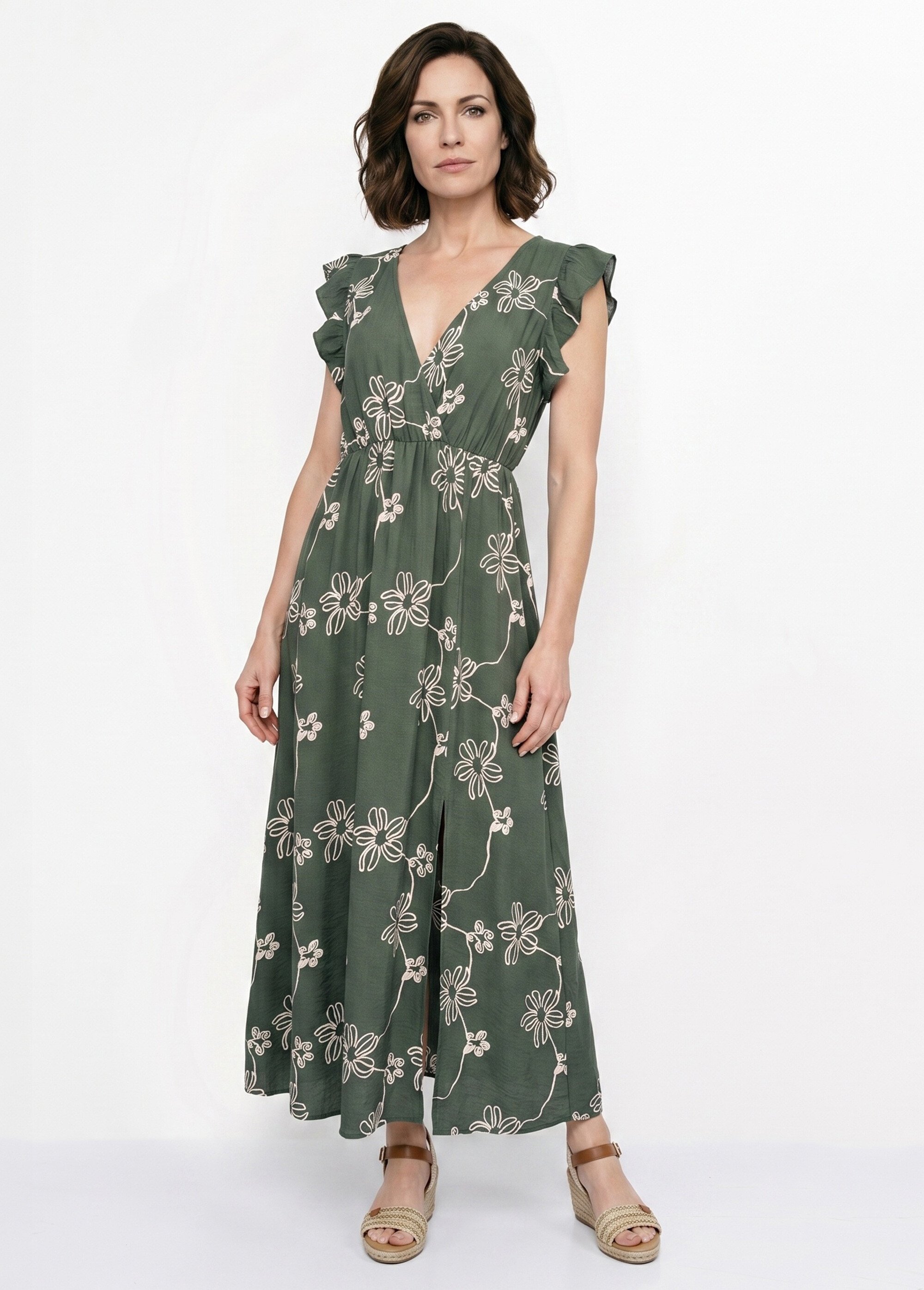 Robe longue cache cœur motif fleurs Femme Vert IKB-81522 FA1