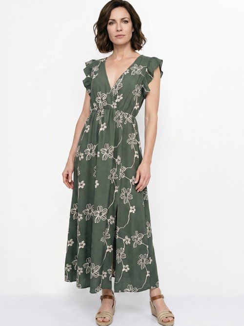 Robe longue cache cœur motif fleurs Femme Vert IKB-81522 FA1