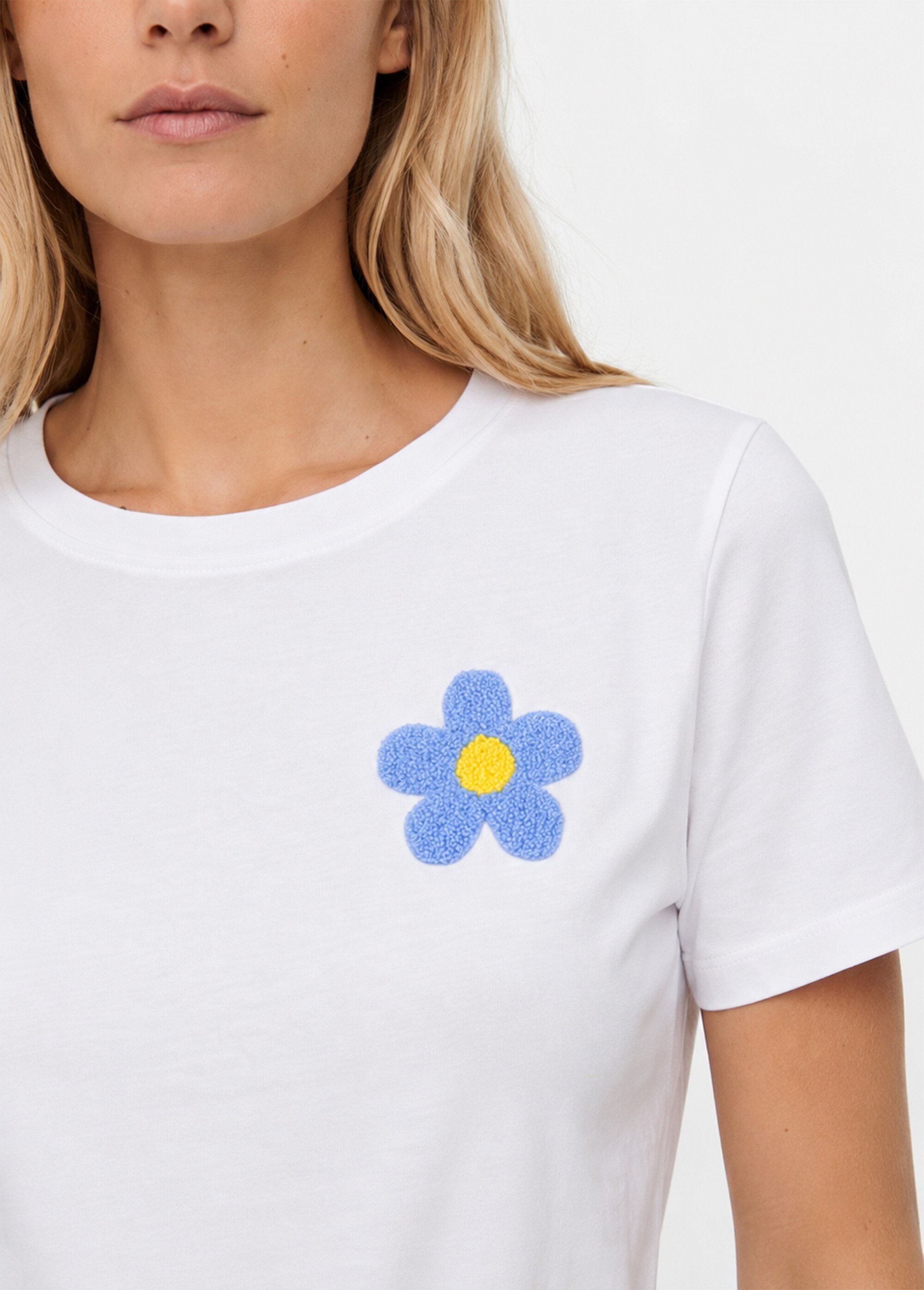 T-shirt col rond, fleur 3D bouclette Femme Blanc JB-TS0069 DE1
