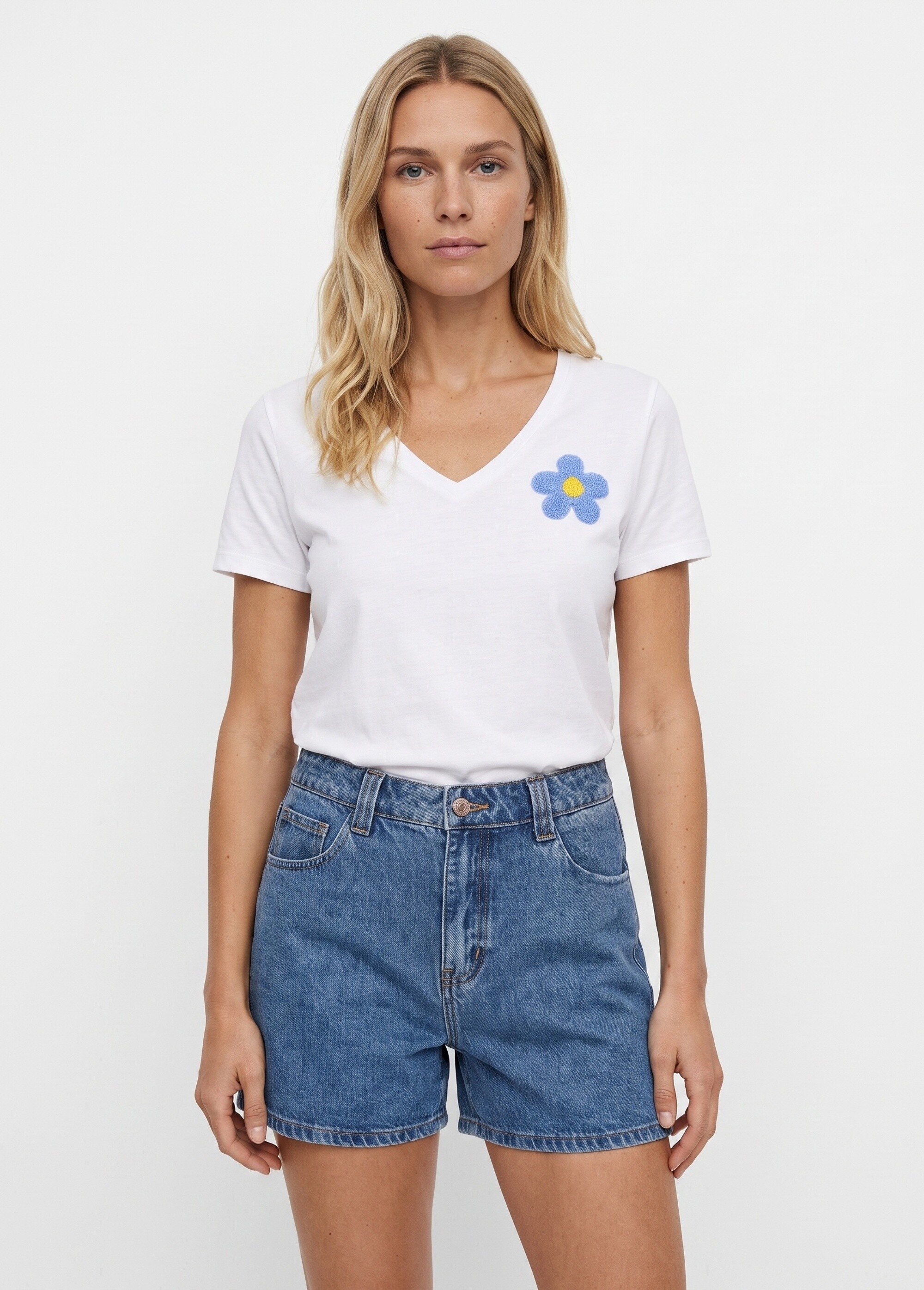 T-shirt col rond, fleur 3D bouclette Femme Blanc JB-TS0069 FA1