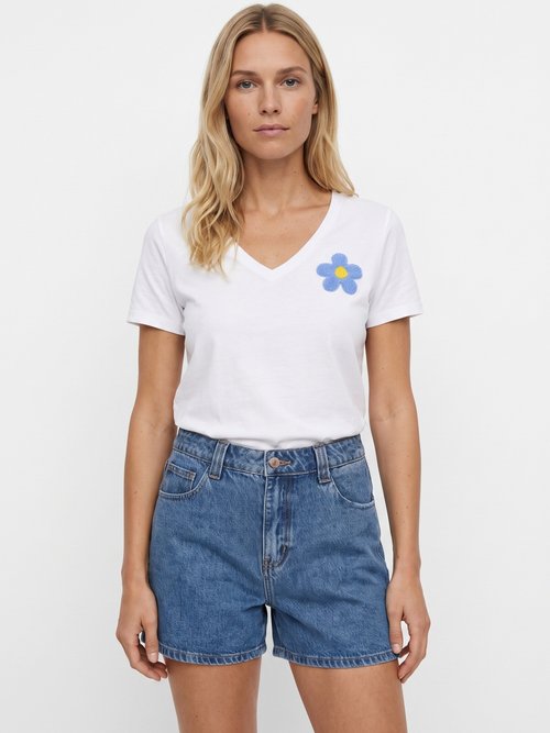 T-shirt col rond, fleur 3D bouclette Femme Blanc JB-TS0069 FA1