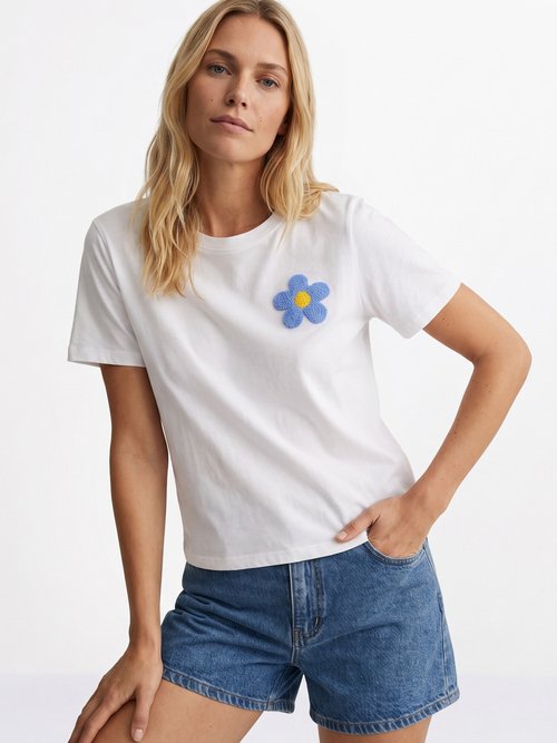 T-shirt col rond, fleur 3D bouclette Femme Blanc JB-TS0069 MV1