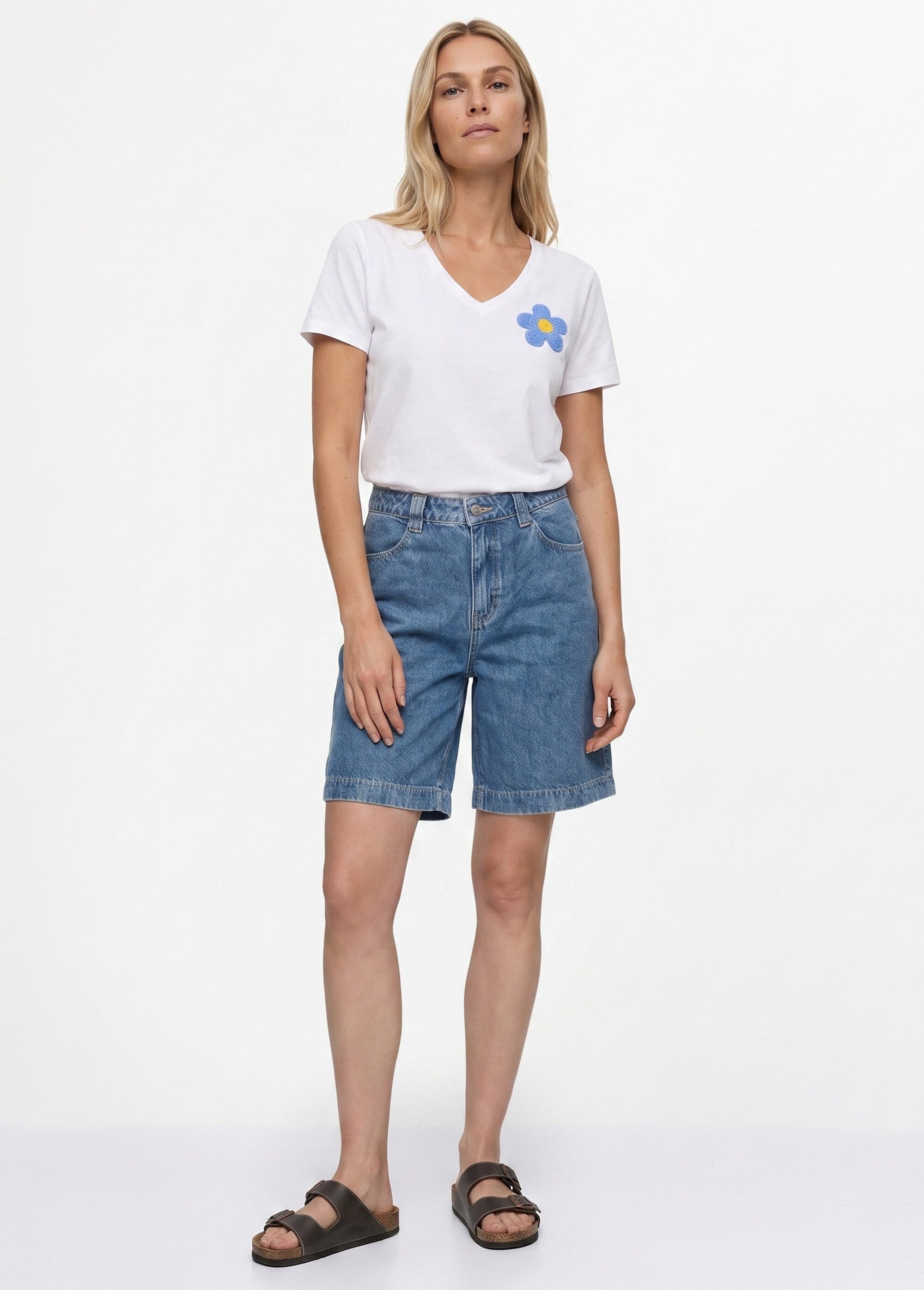 T-shirt col rond, fleur 3D bouclette Femme Blanc JB-TS0069 SI1