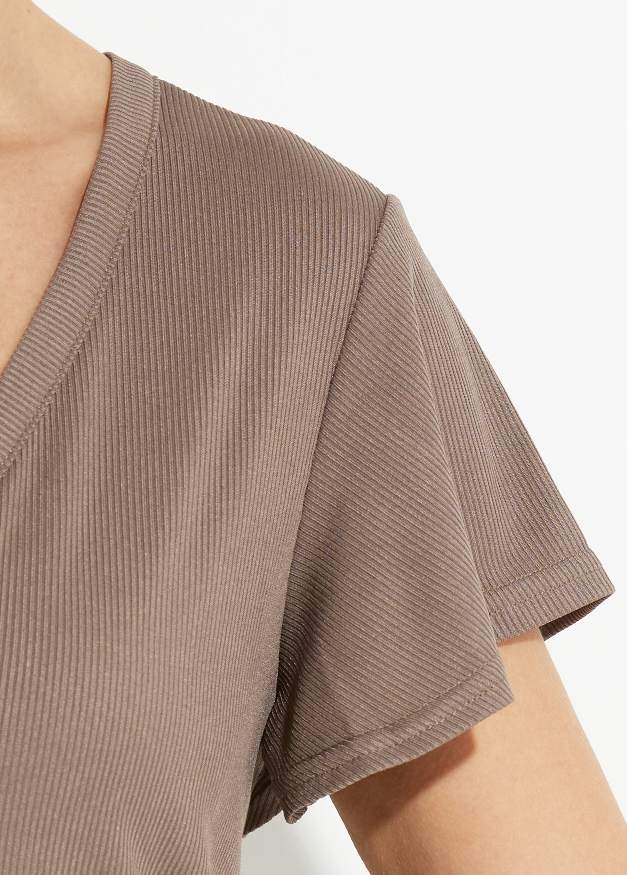 T-shirt col V jersey cotelé, Essentiel Femme Marron TM-SKINCOT DE2