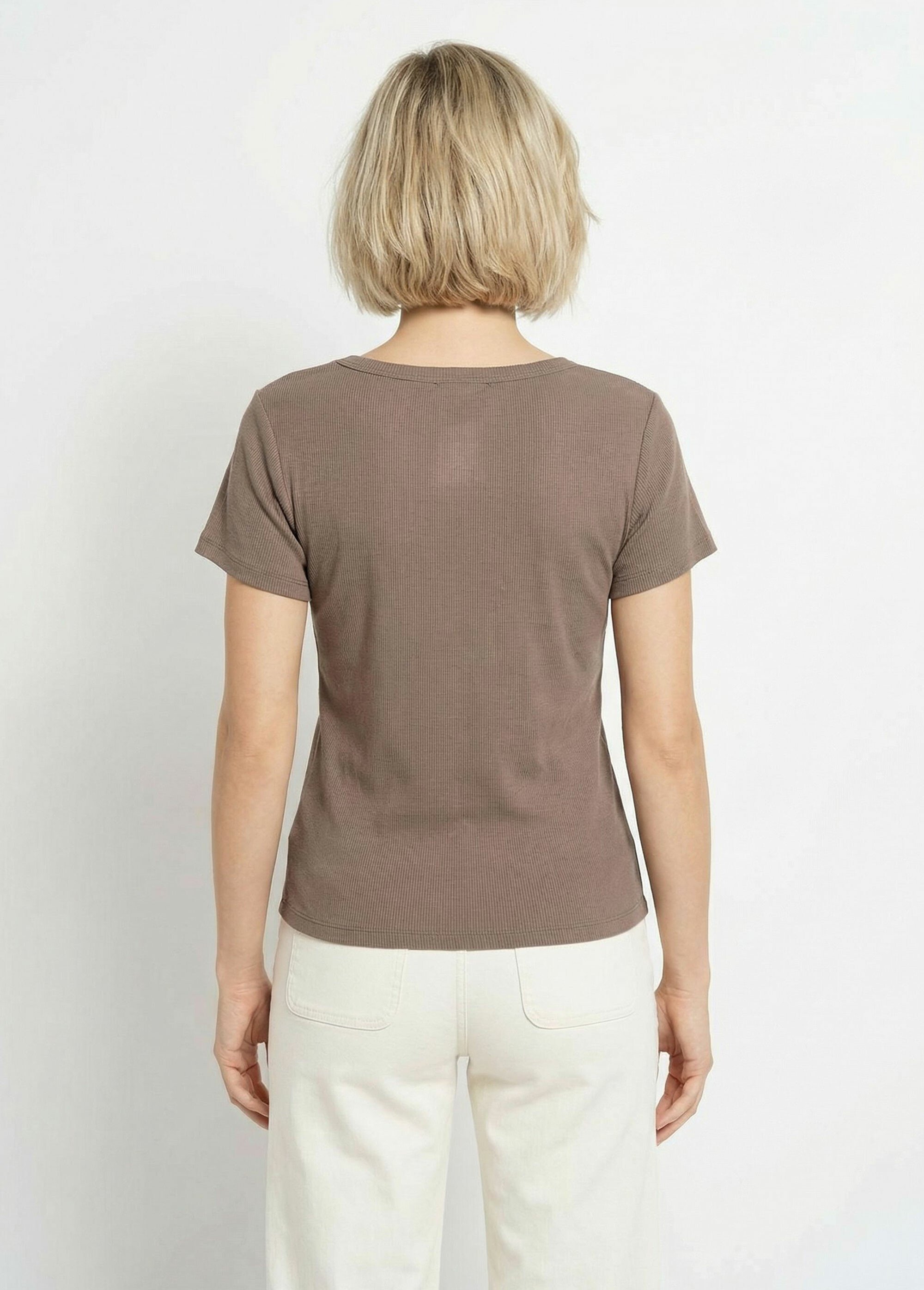 T-shirt col V jersey cotelé, Essentiel