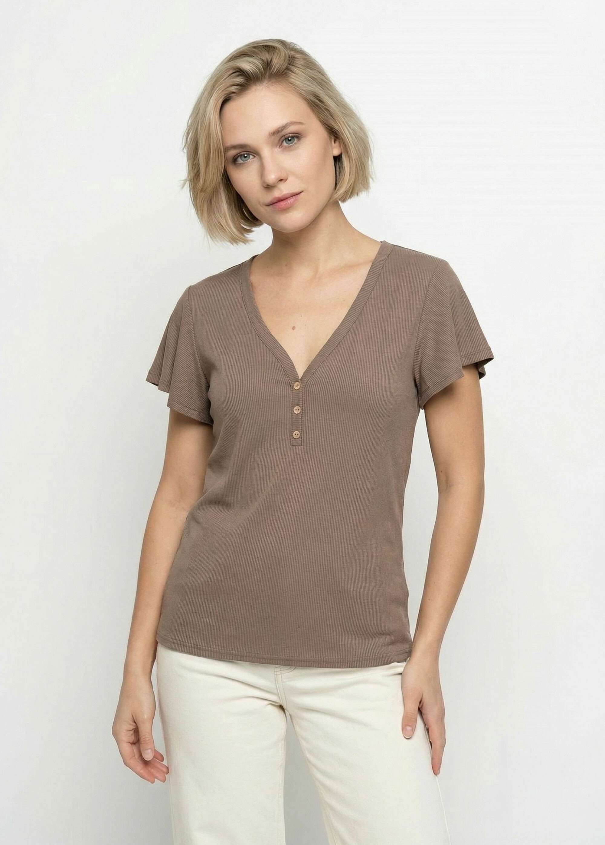 T-shirt col V jersey cotelé, Essentiel Femme Marron TM-SKINCOT FA1