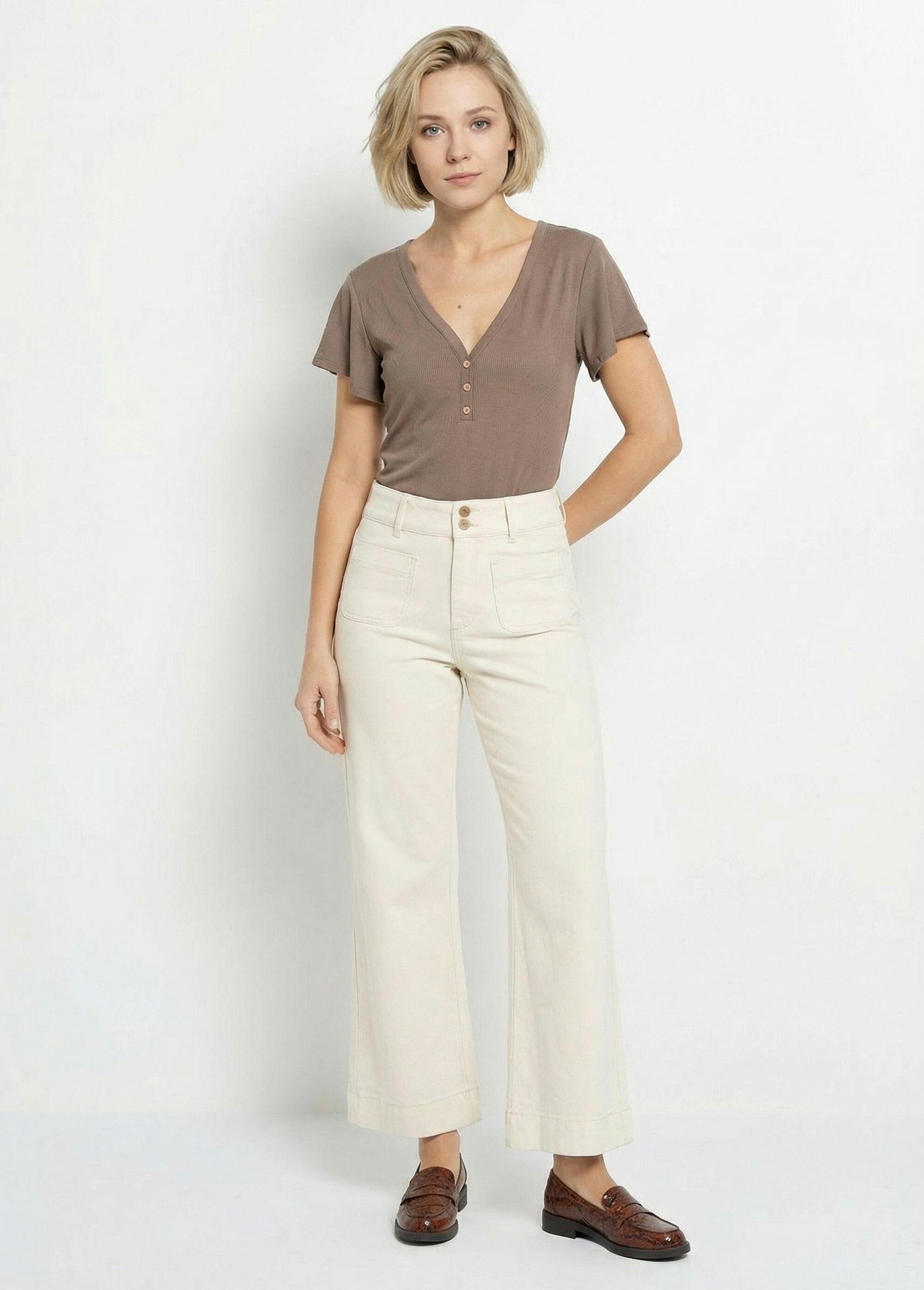 T-shirt col V jersey cotelé, Essentiel Femme Marron TM-SKINCOT SF1