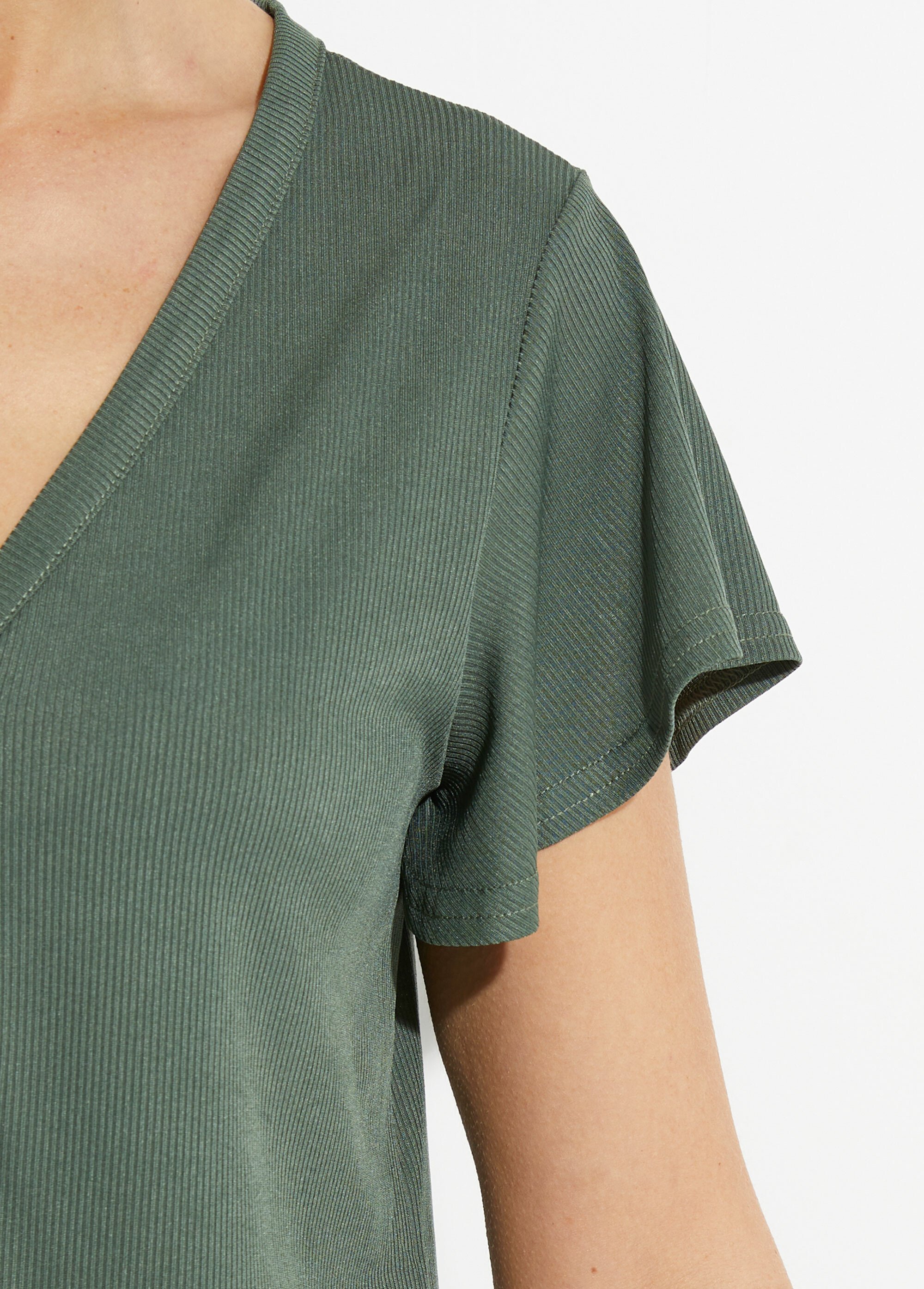 T-shirt col V jersey cotelé, Essentiel Femme Vert TM-SKINCOT DE2