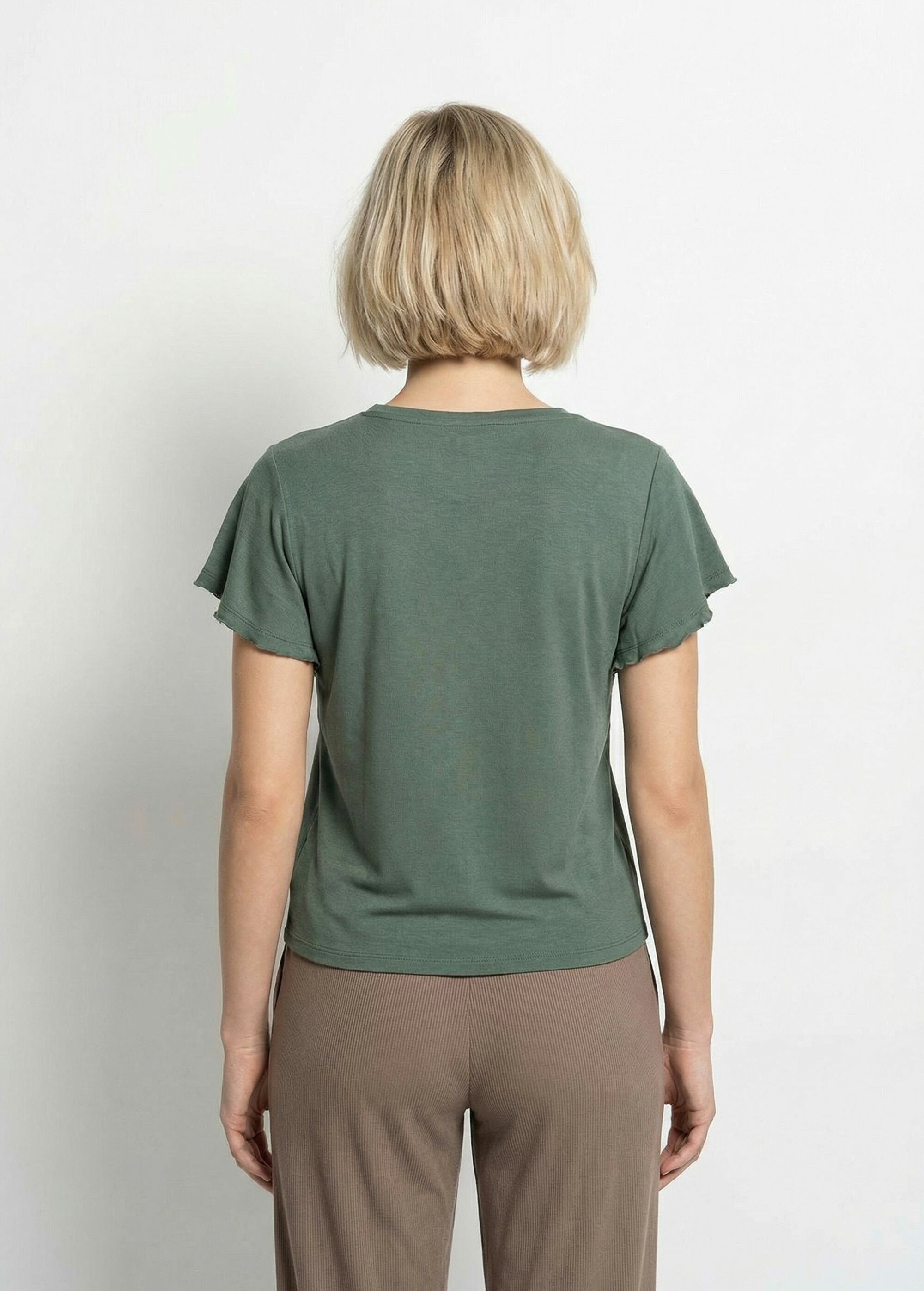 T-shirt col V jersey cotelé, Essentiel Femme Vert TM-SKINCOT DO1