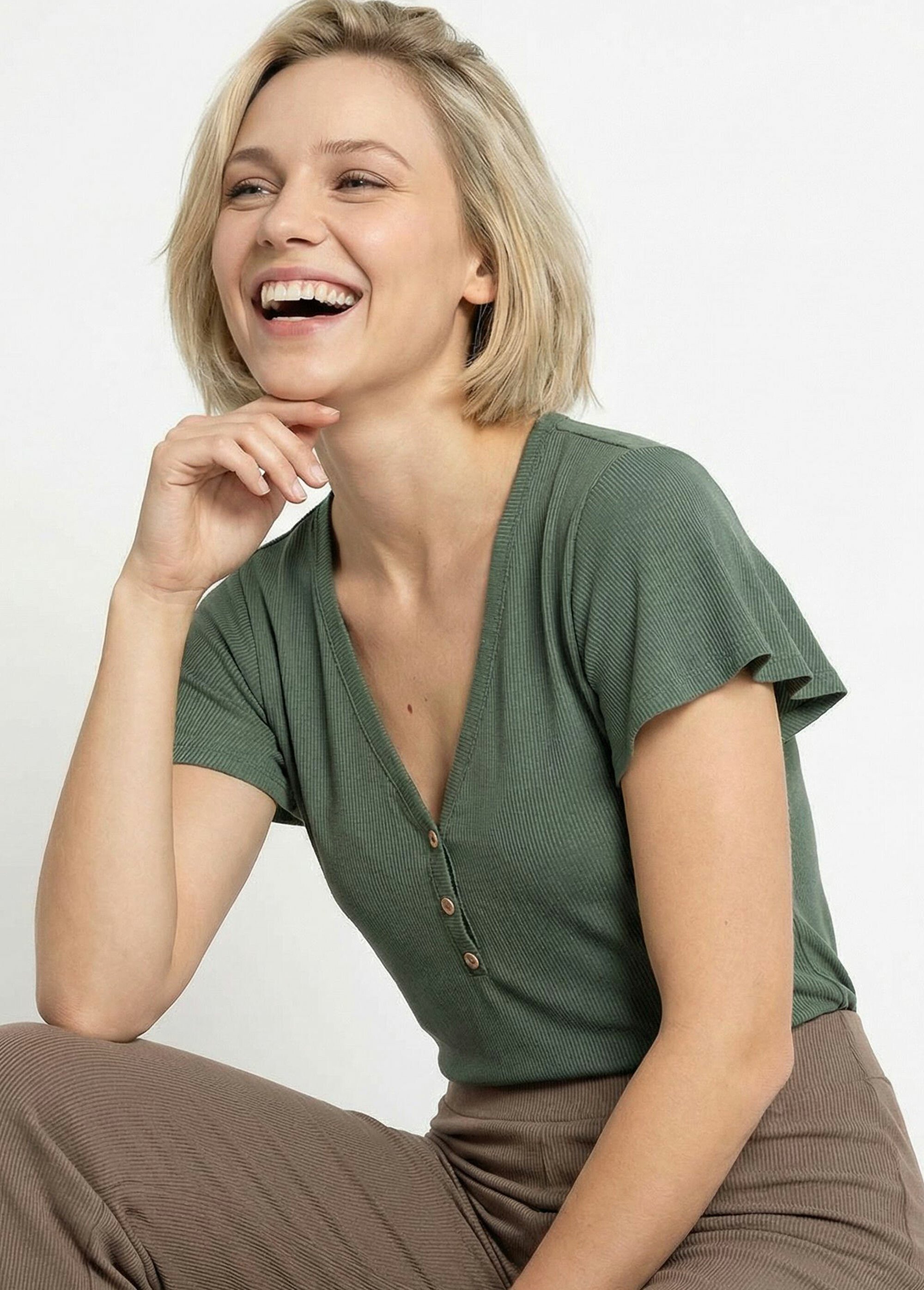 T-shirt col V jersey cotelé, Essentiel