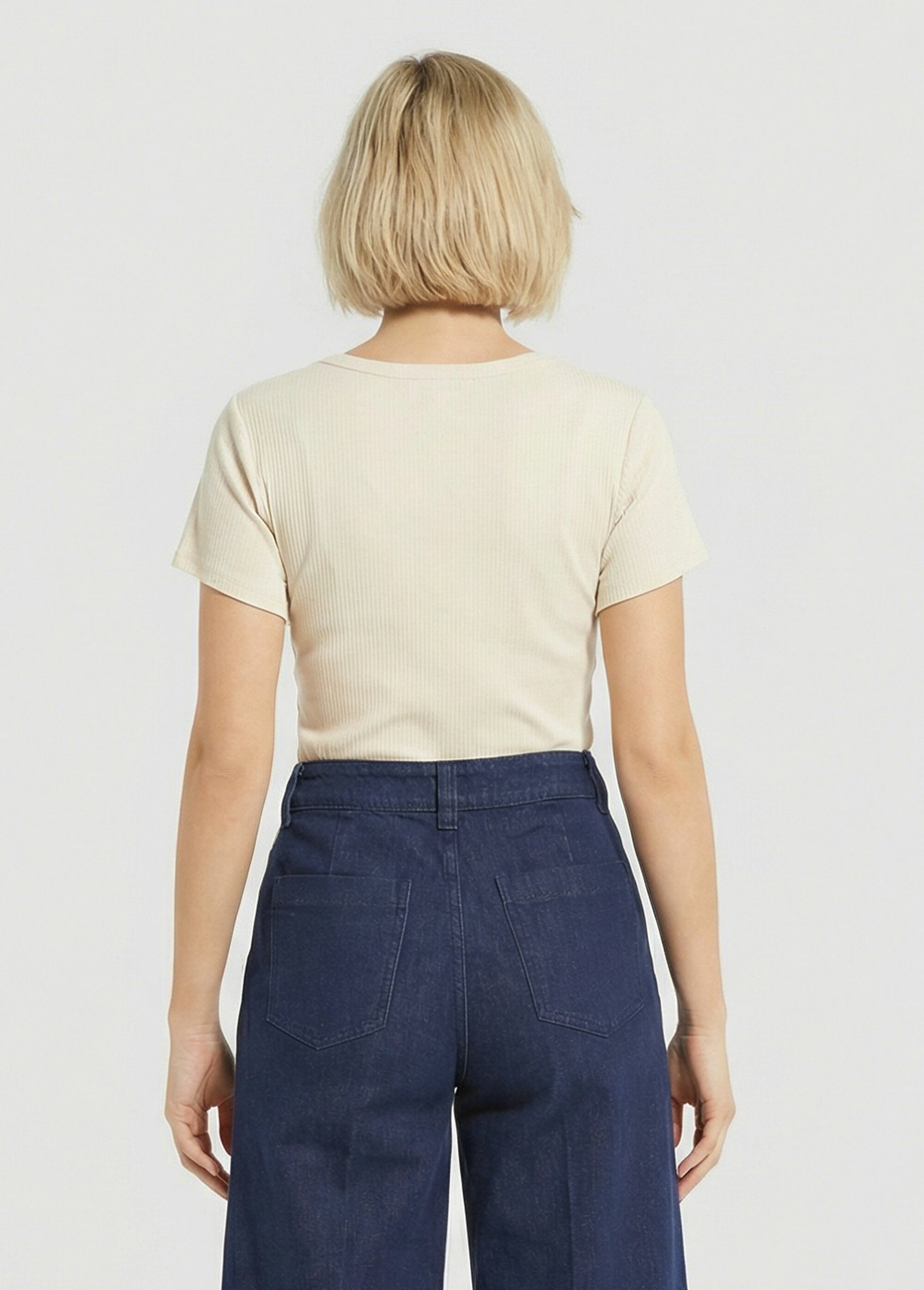 T-shirt col V jersey cotelé, Essentiel Femme Beige TM-SKINCOT DO1