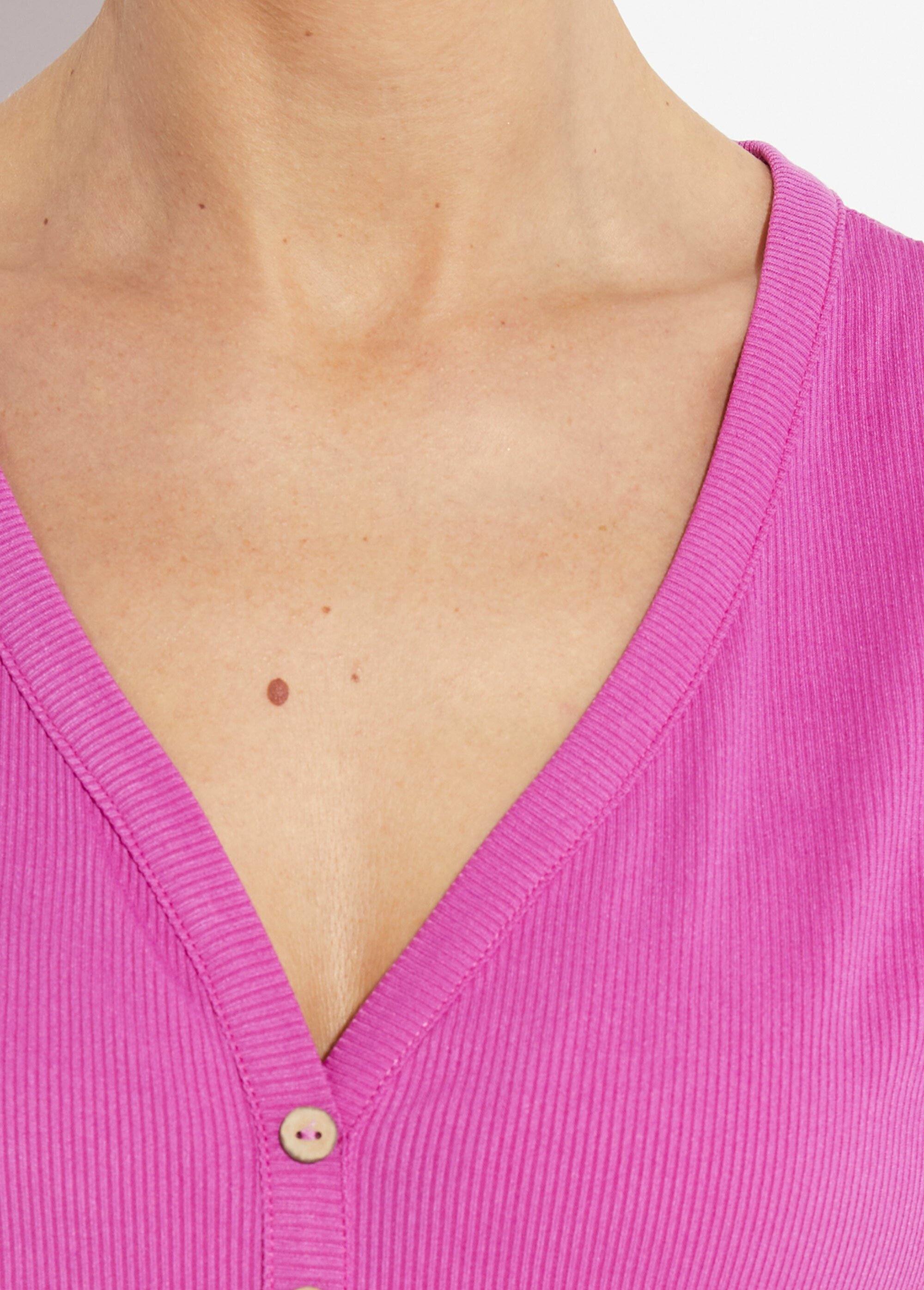 T-shirt col V jersey cotelé, Essentiel Femme Rose TM-SKINCOT DE1