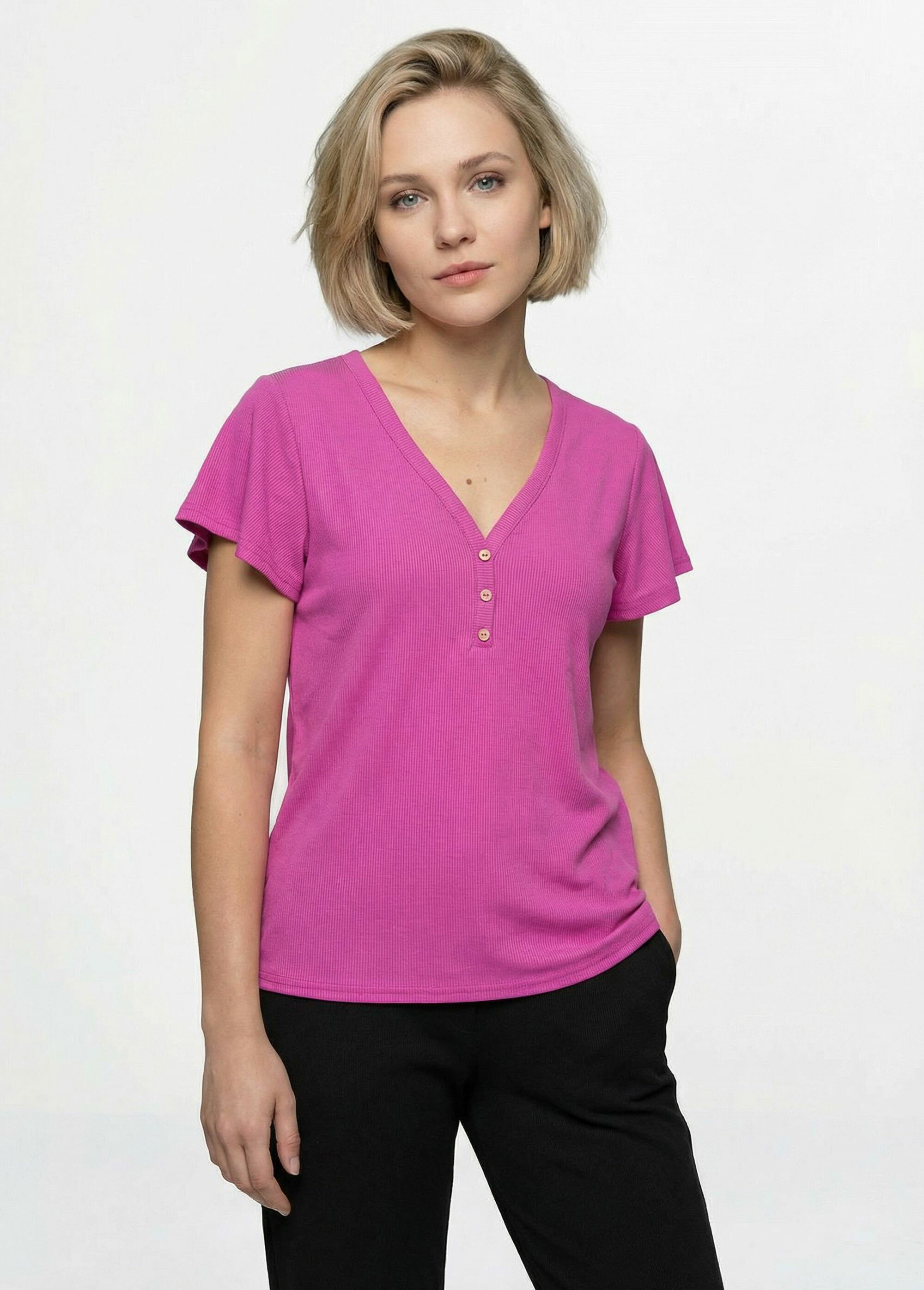 T-shirt col V jersey cotelé, Essentiel Femme Rose TM-SKINCOT FA1