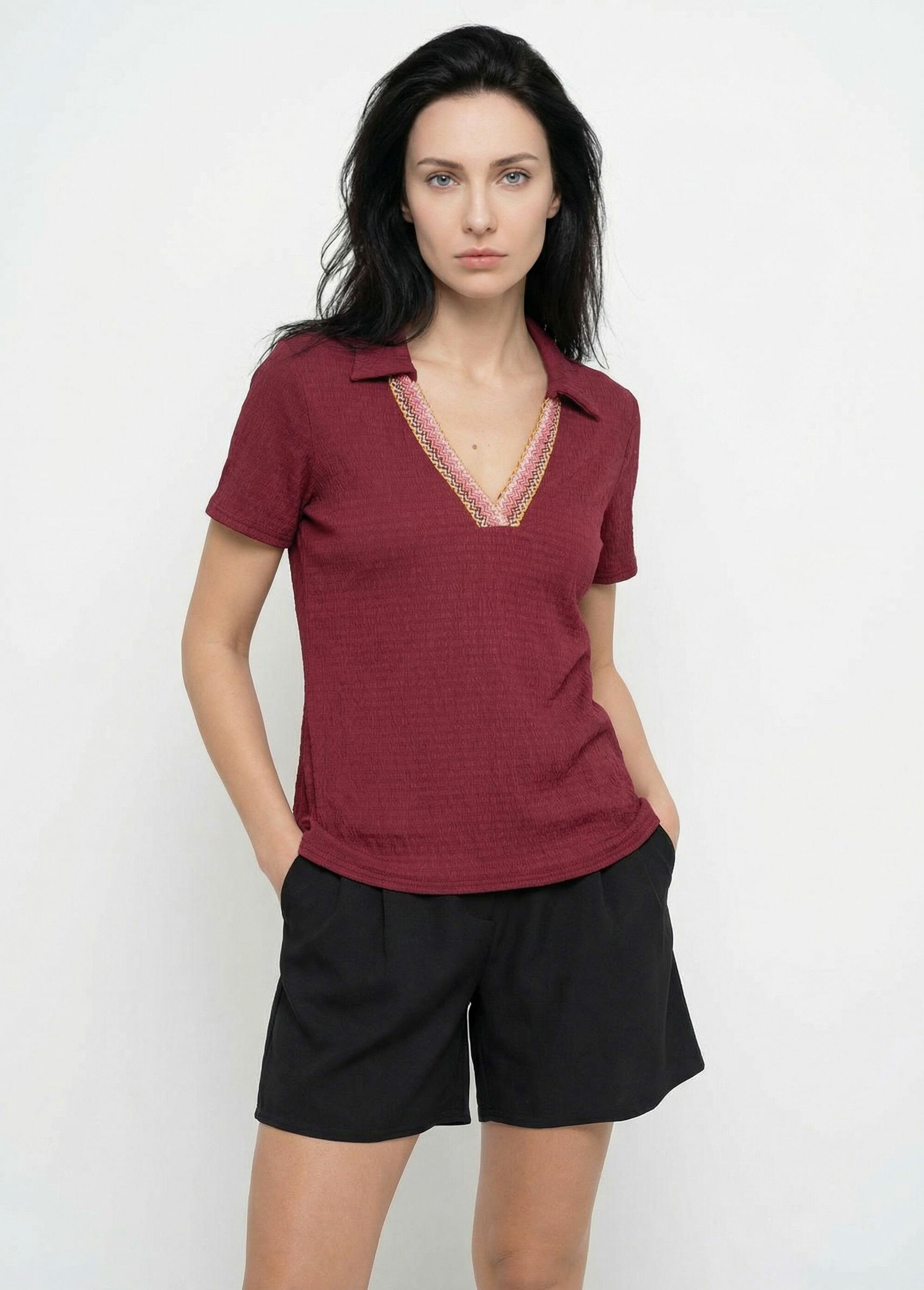 Tunique gaufrée col V fantaisie Femme Rouge TM-MACEDO FA1