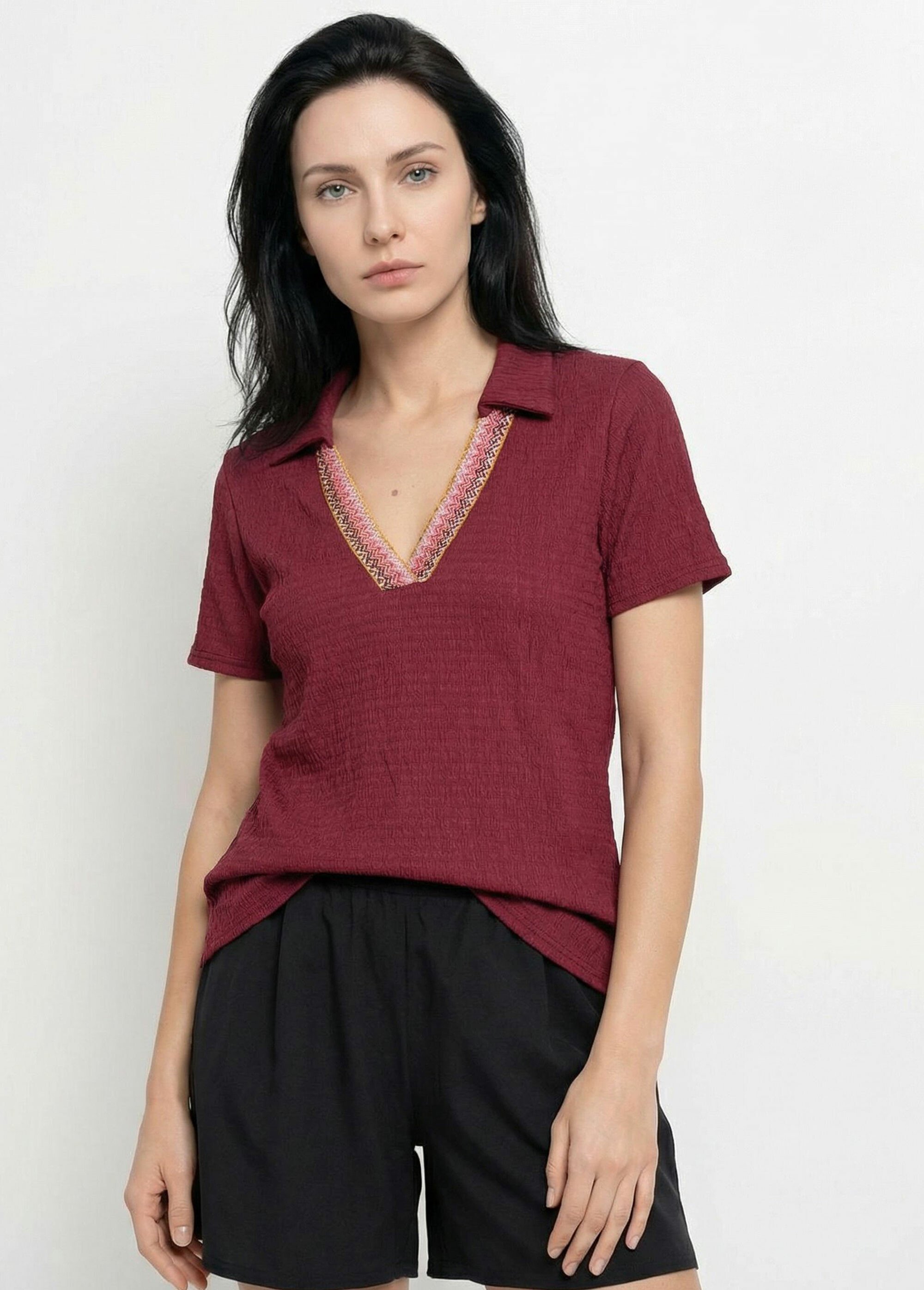 Tunique gaufrée col V fantaisie Femme Rouge TM-MACEDO MV1