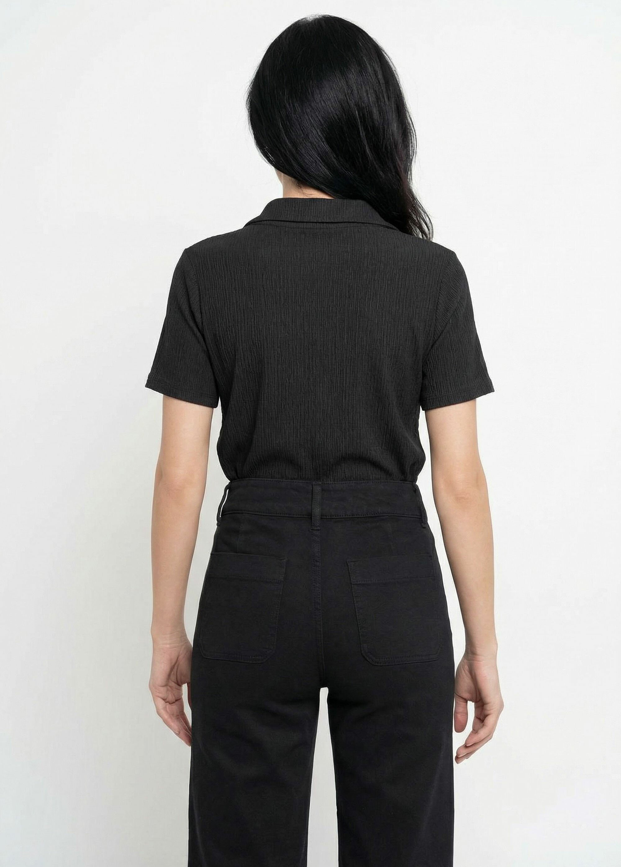 Tunique gaufrée col V fantaisie Femme Noir TM-MACEDO DO1