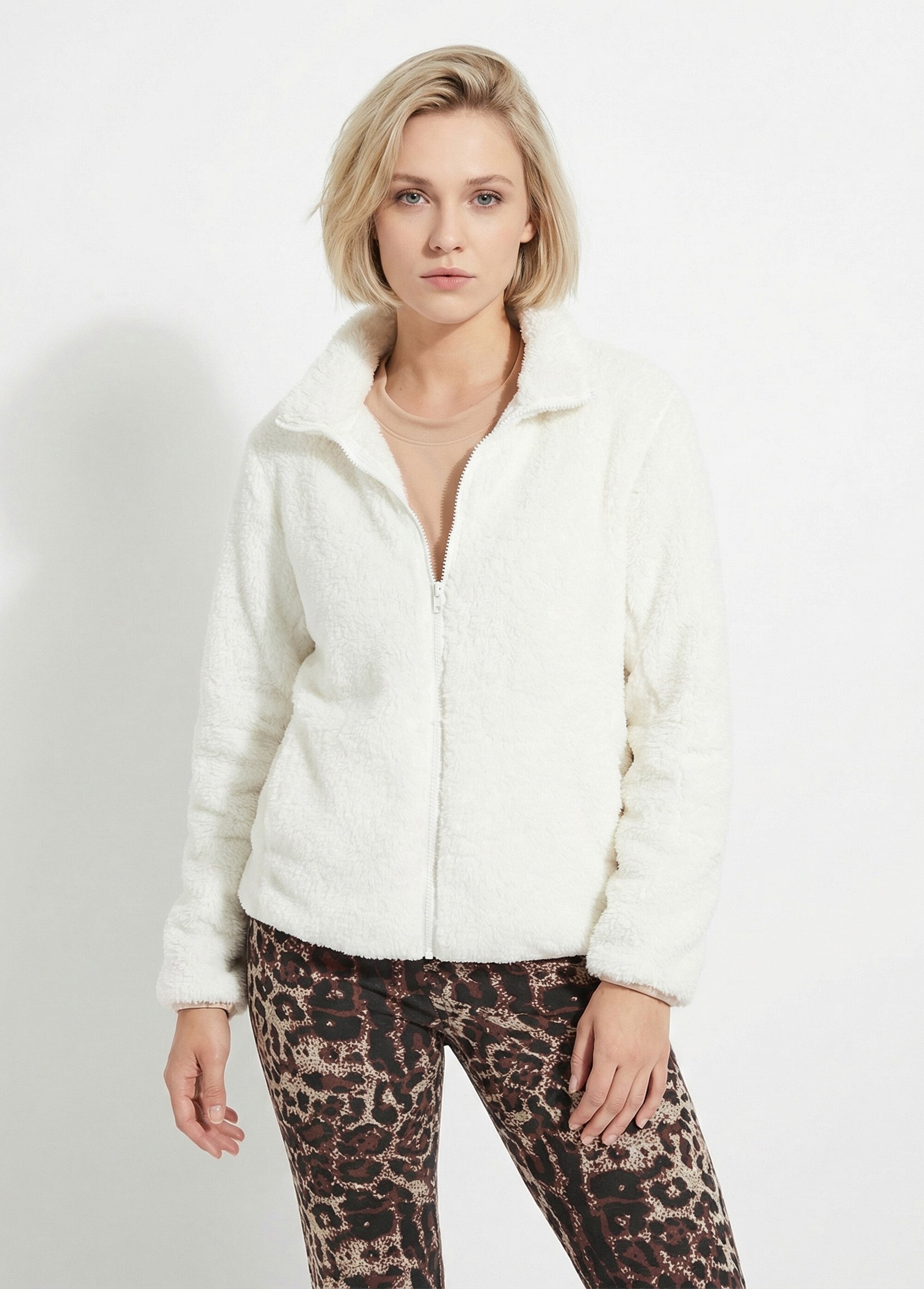 Veste fausse fourrure col montant manches longues Femme Beige TAMOU FA1