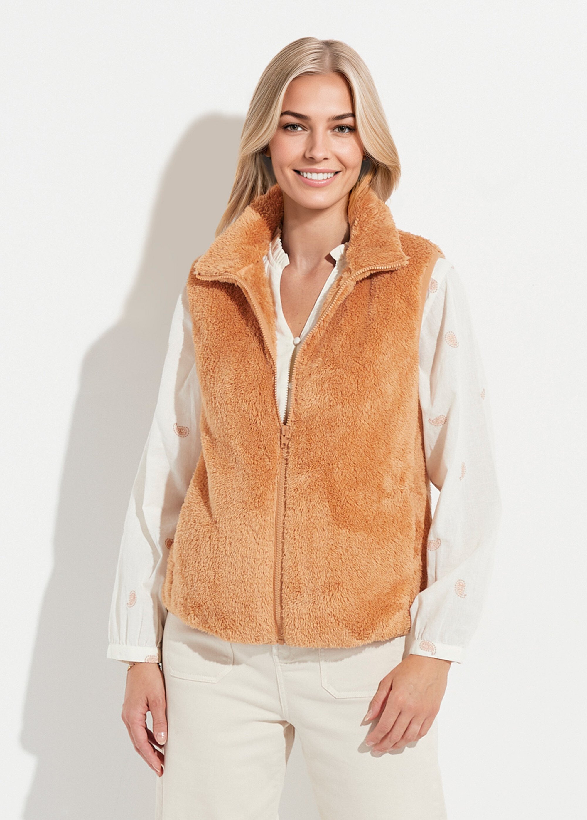 Veste fausse fourrure sans manches col montant Femme Beige TIMEO FA1