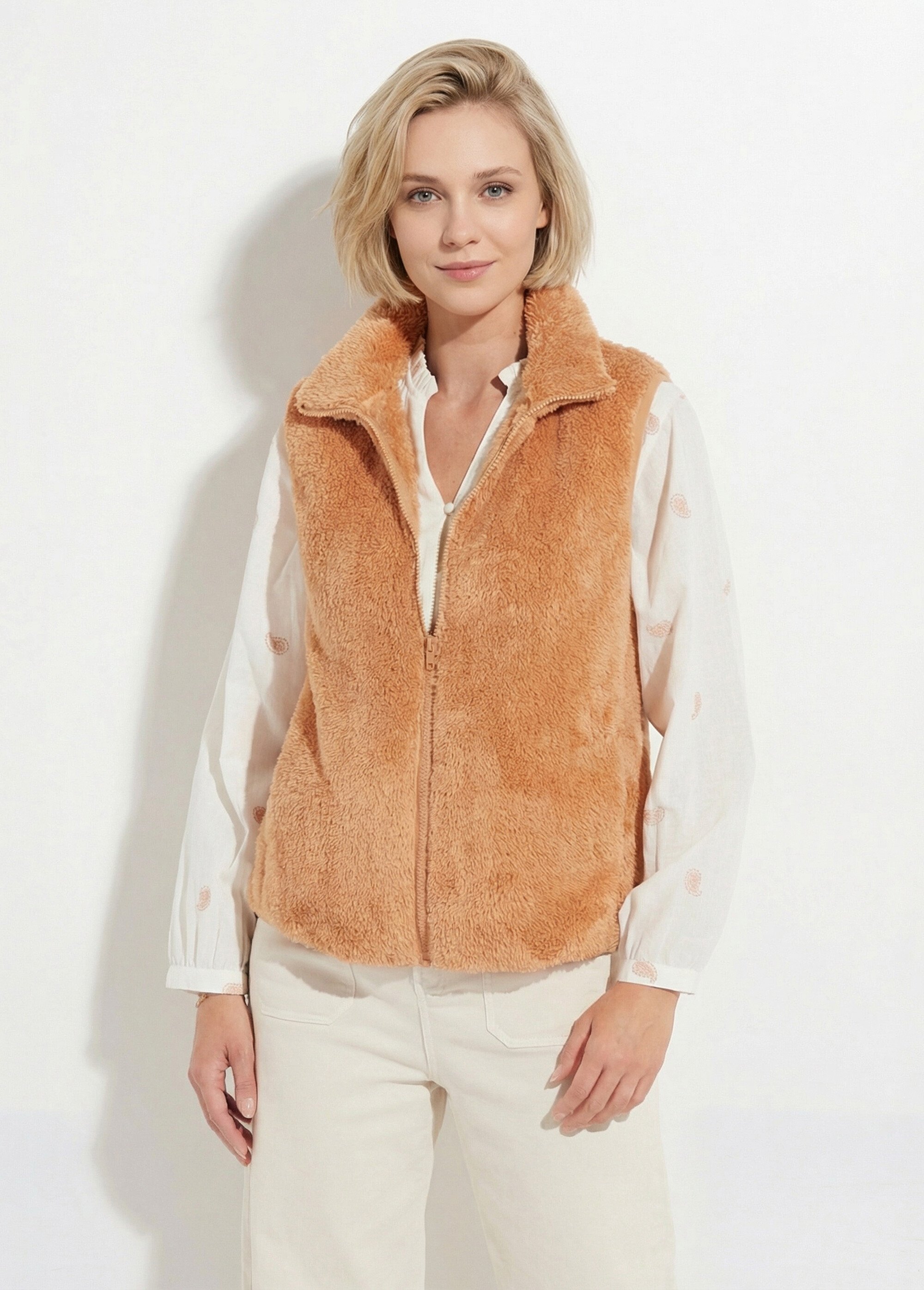 Veste fausse fourrure sans manches col montant Femme Beige TIMEO FA1