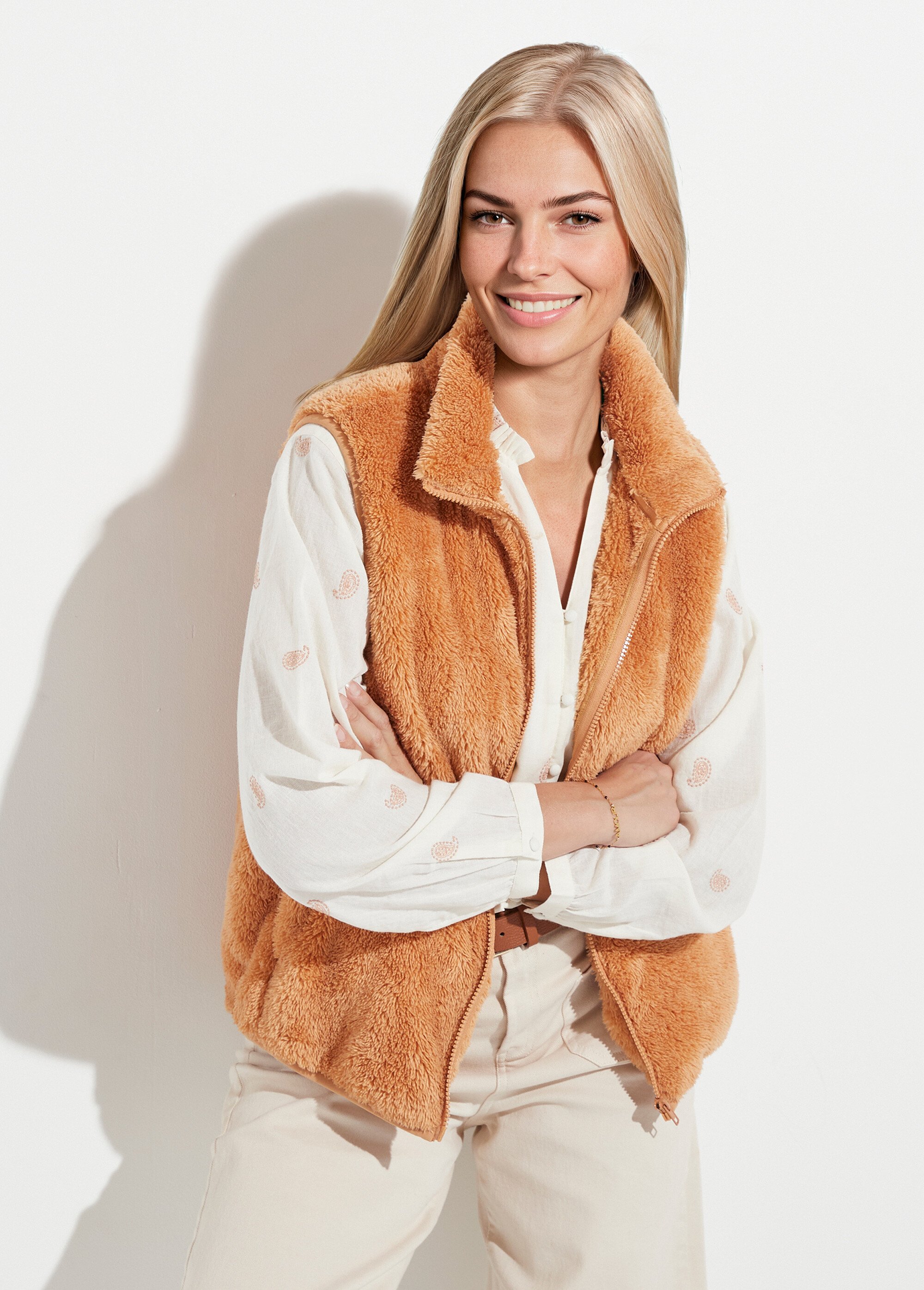 Veste fausse fourrure sans manches col montant Femme Beige TIMEO FA2