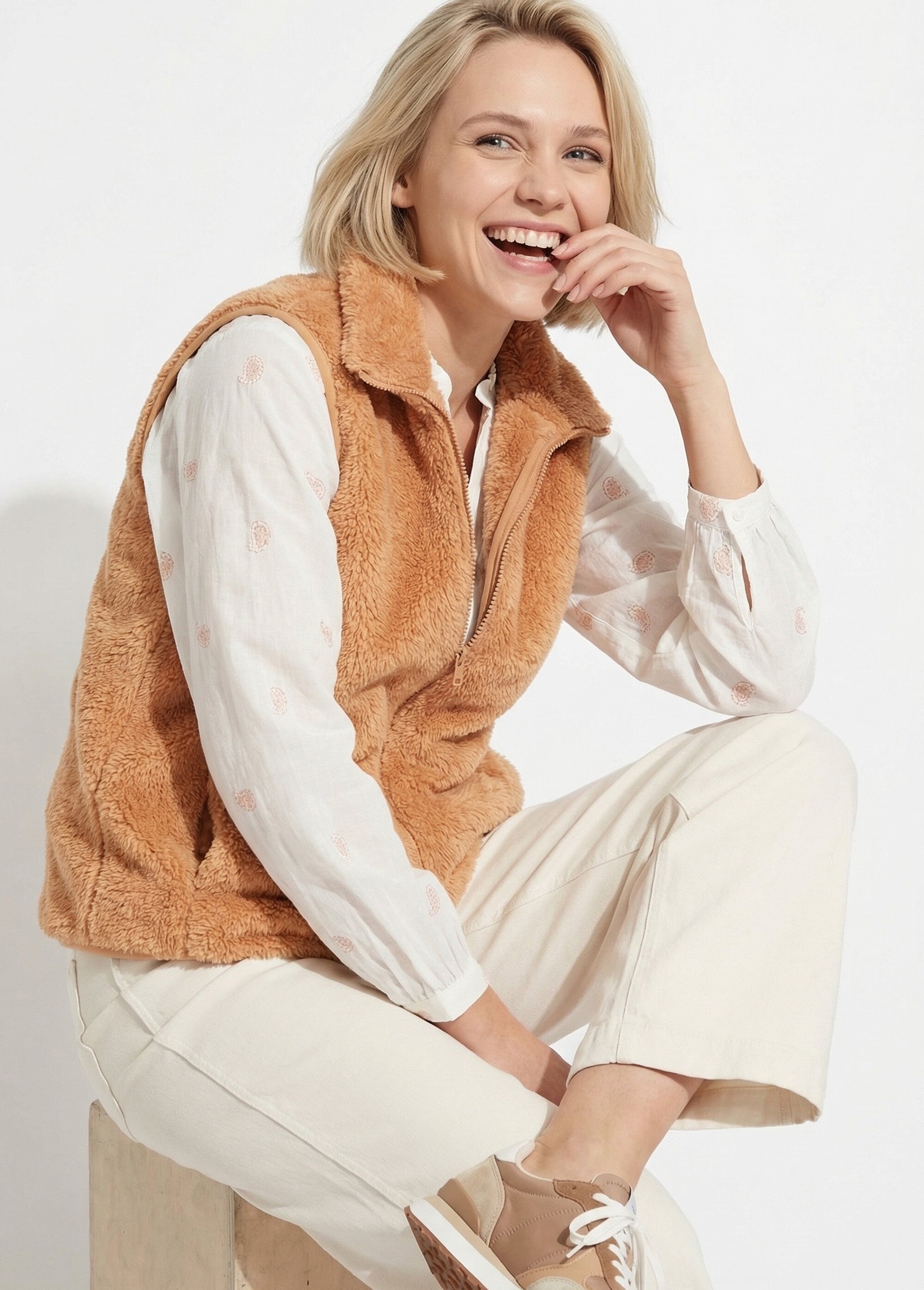 Veste fausse fourrure sans manches col montant Femme Beige TIMEO MV1