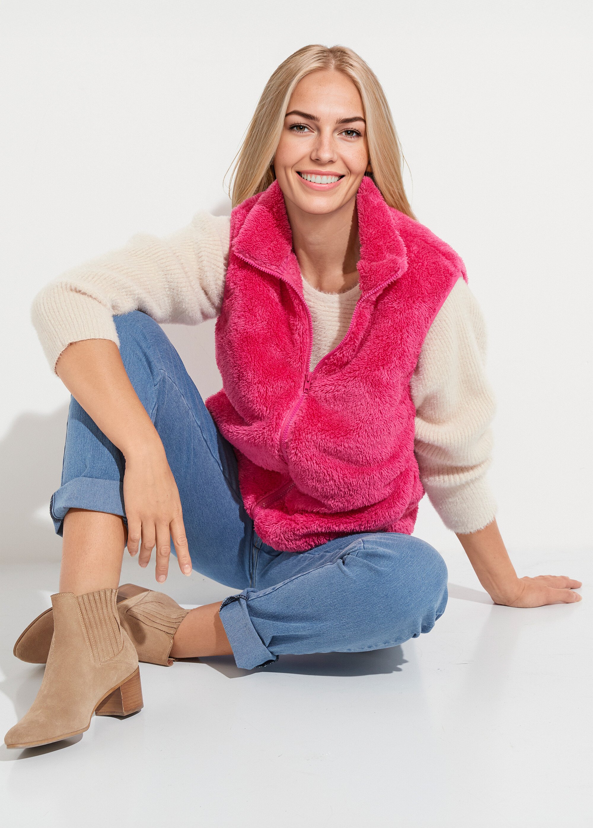Veste fausse fourrure sans manches col montant Femme Rose TIMEO MV1