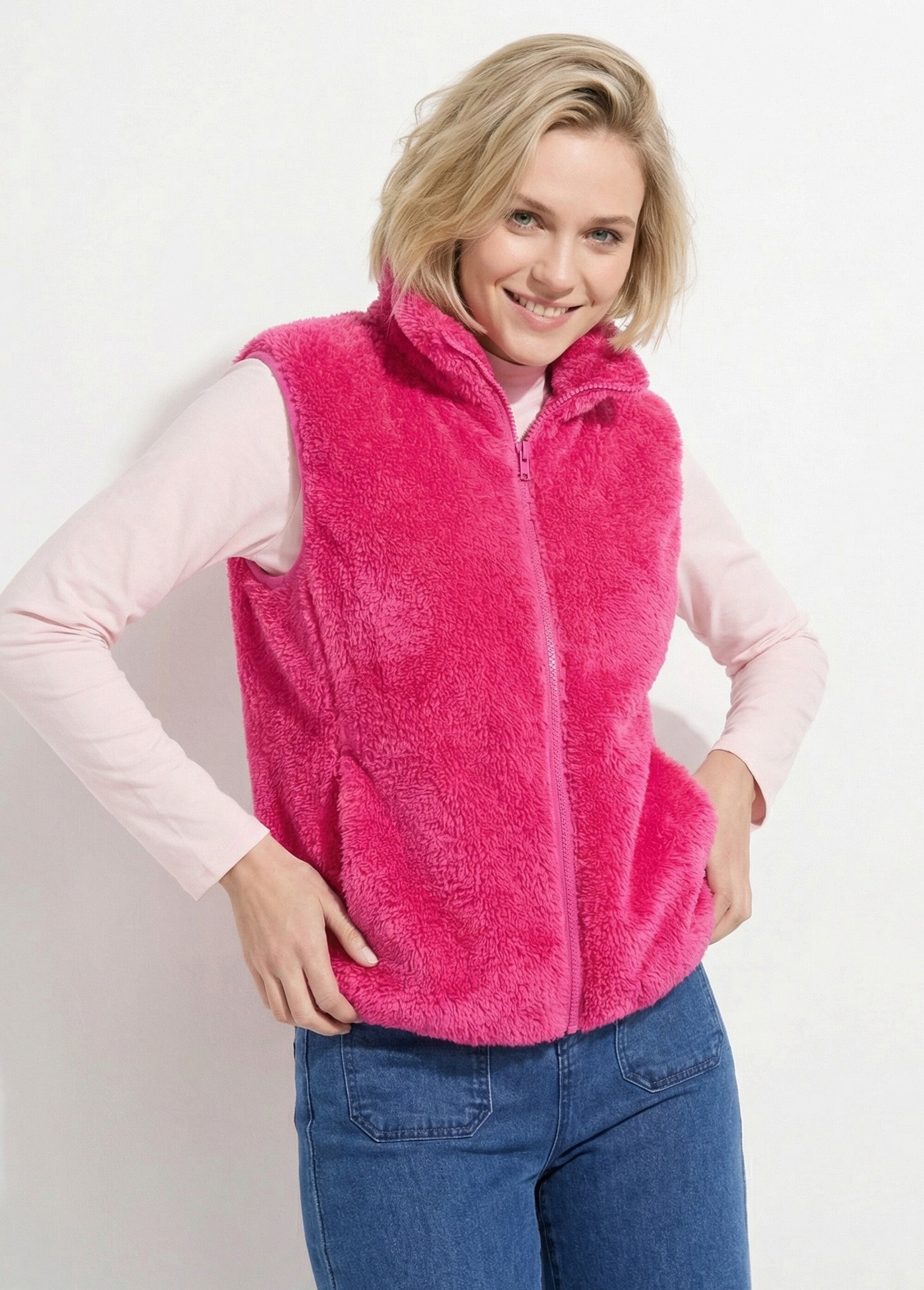 Veste fausse fourrure sans manches col montant Femme Rose TIMEO MV1