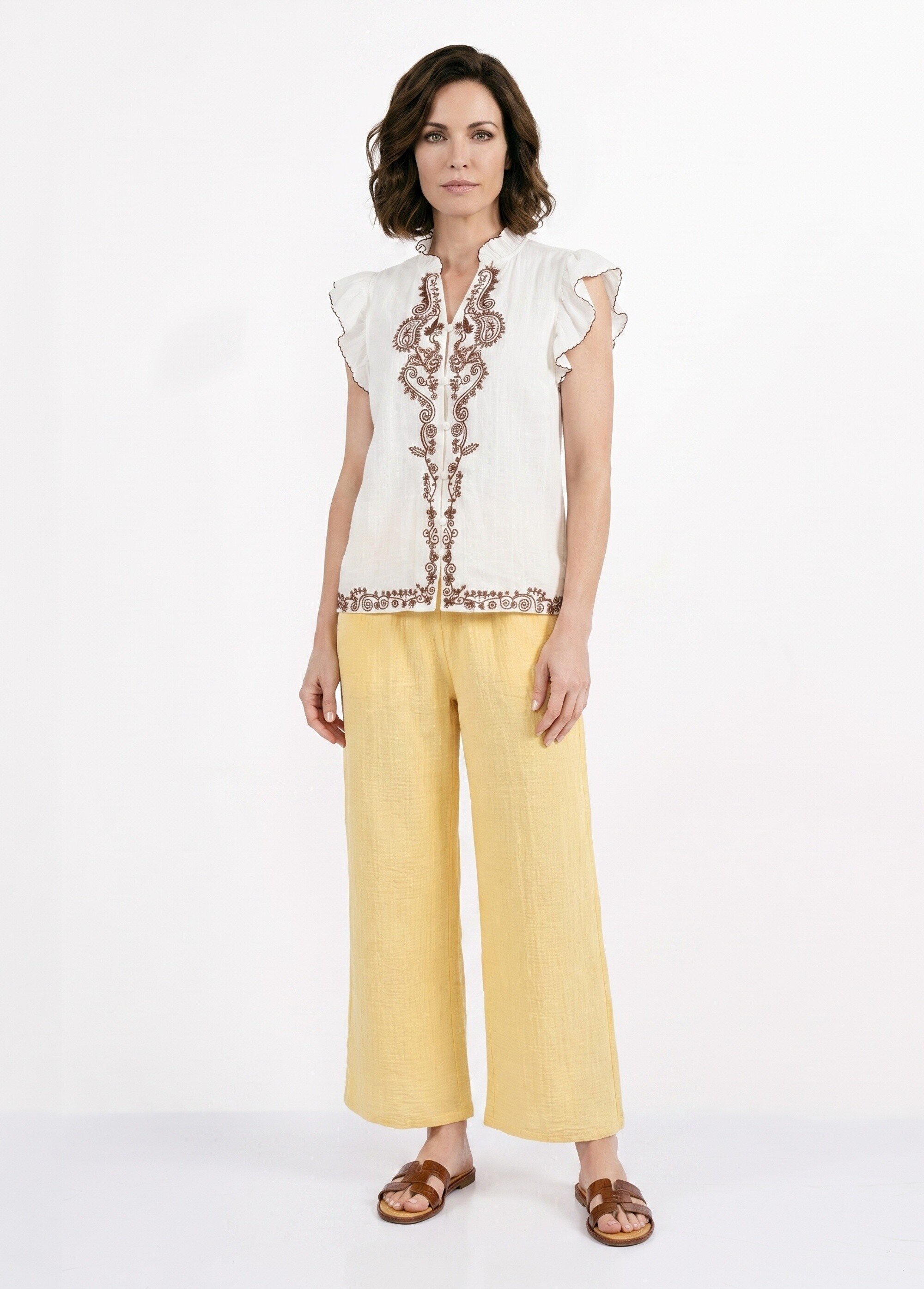 Blouse à sequins et broderies et volants Femme Blanc ATT-AT8705 SI1
