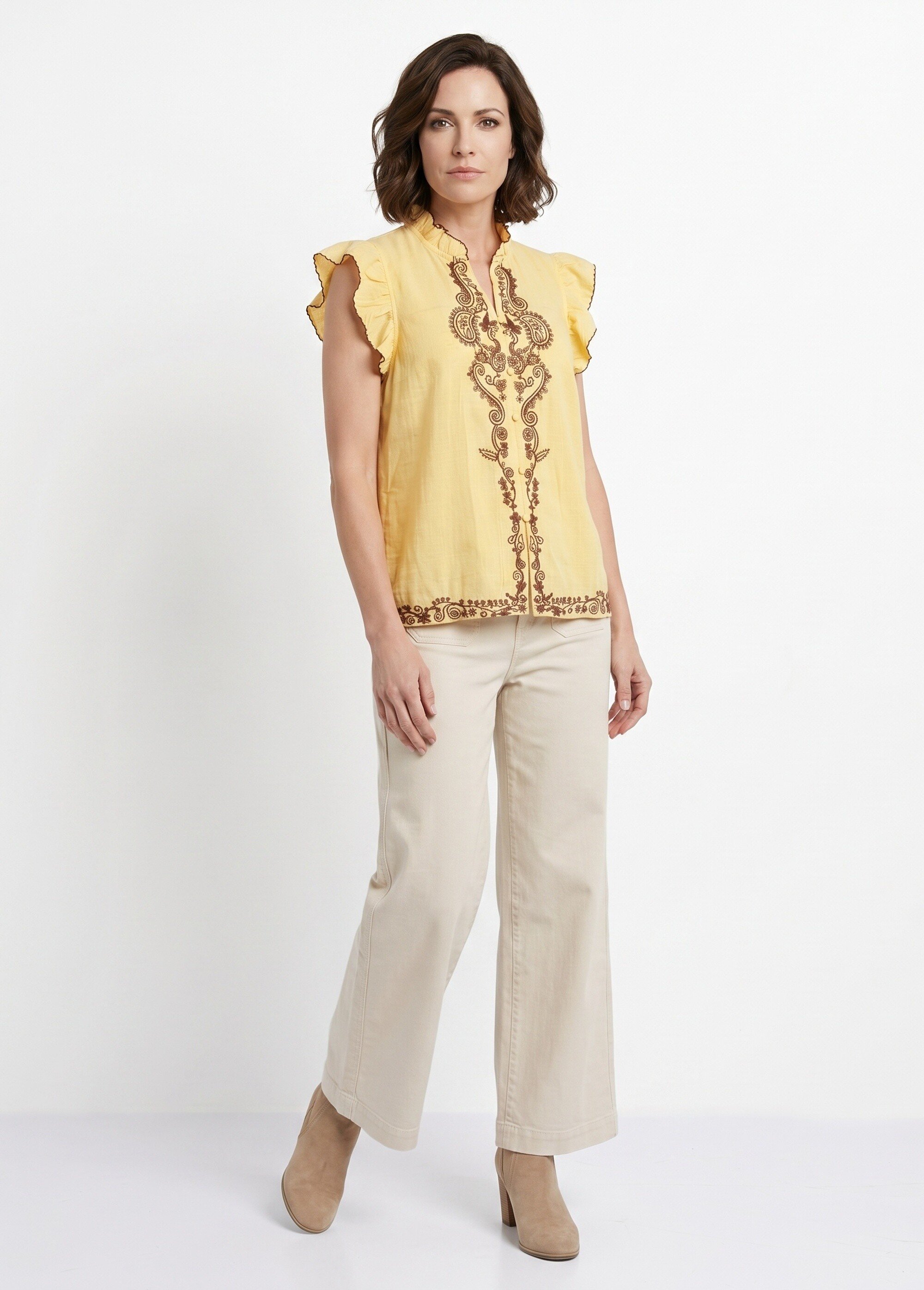 Blouse à sequins et broderies et volants Femme Jaune ATT-AT8705 SI1