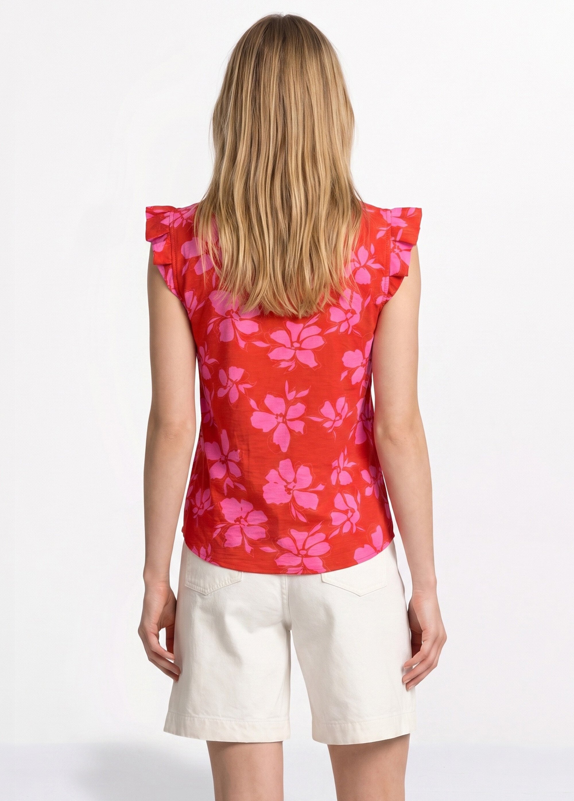 Blouse volantée col V, imprimé fleuri Femme Rouge IKB-81638 DO1