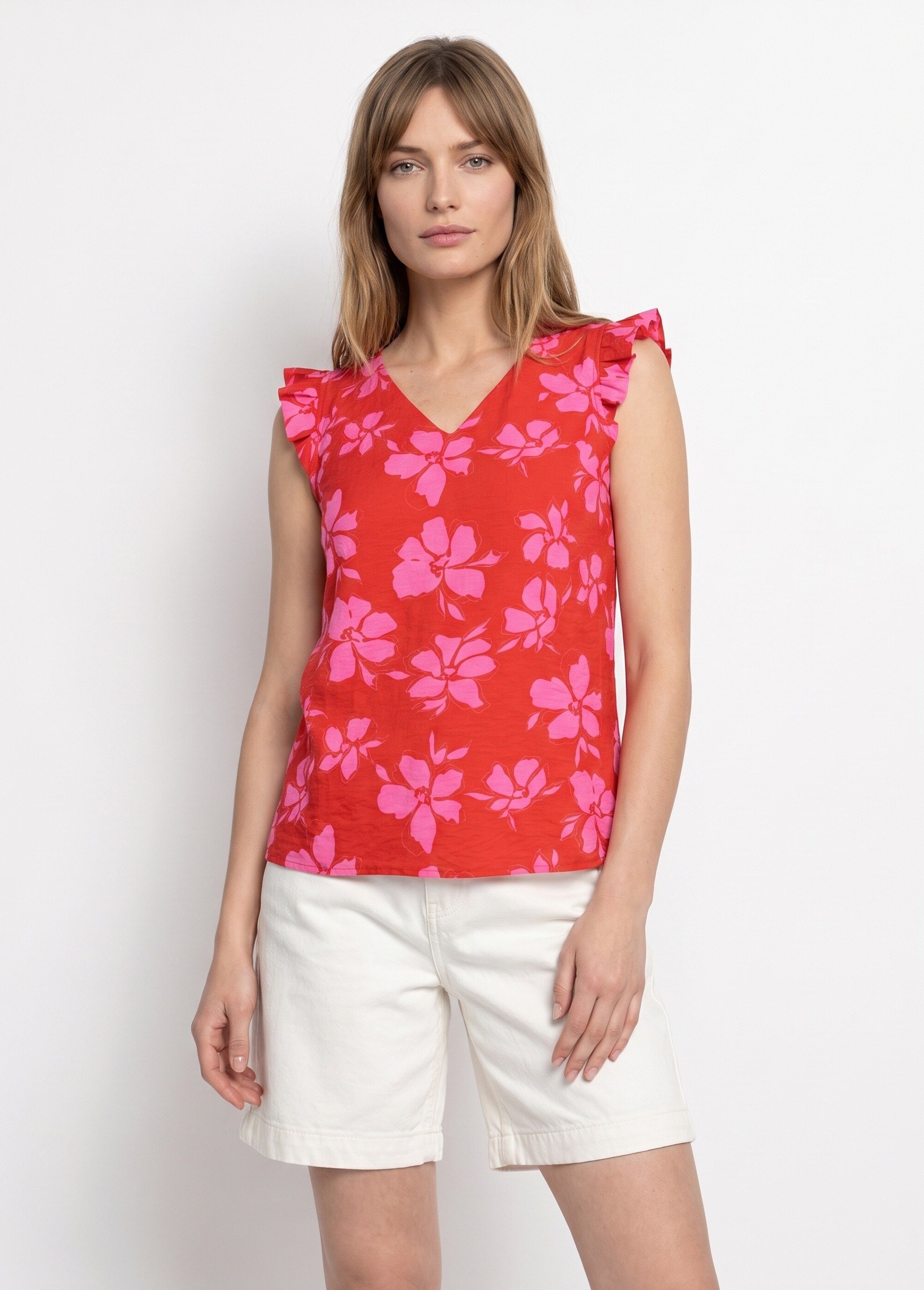 Blouse volantée col V, imprimé fleuri Femme Rouge IKB-81638 FA1