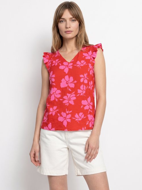 Blouse volantée col V, imprimé fleuri Femme Rouge IKB-81638 FA1