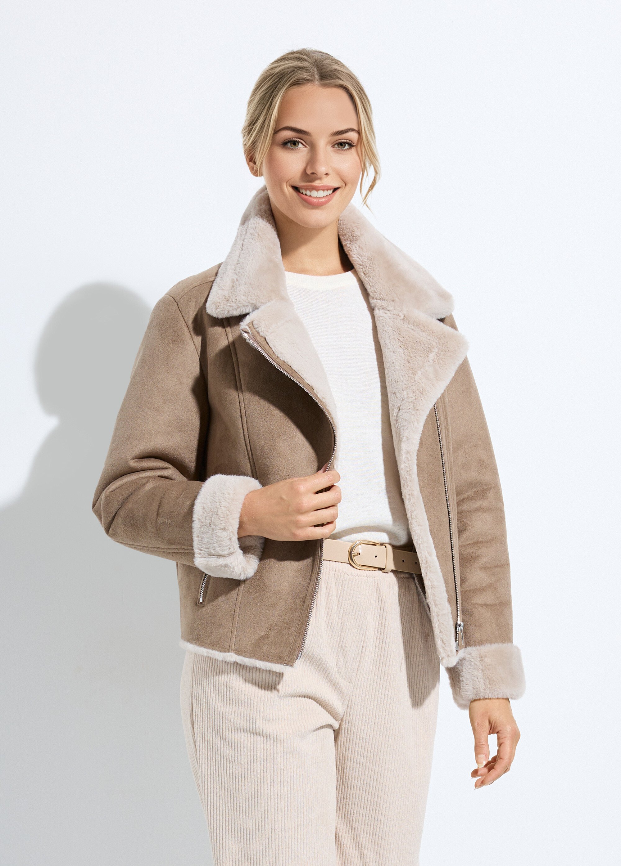 Blouson zippé façon peau lainée Femme Marron TAMINA FA1