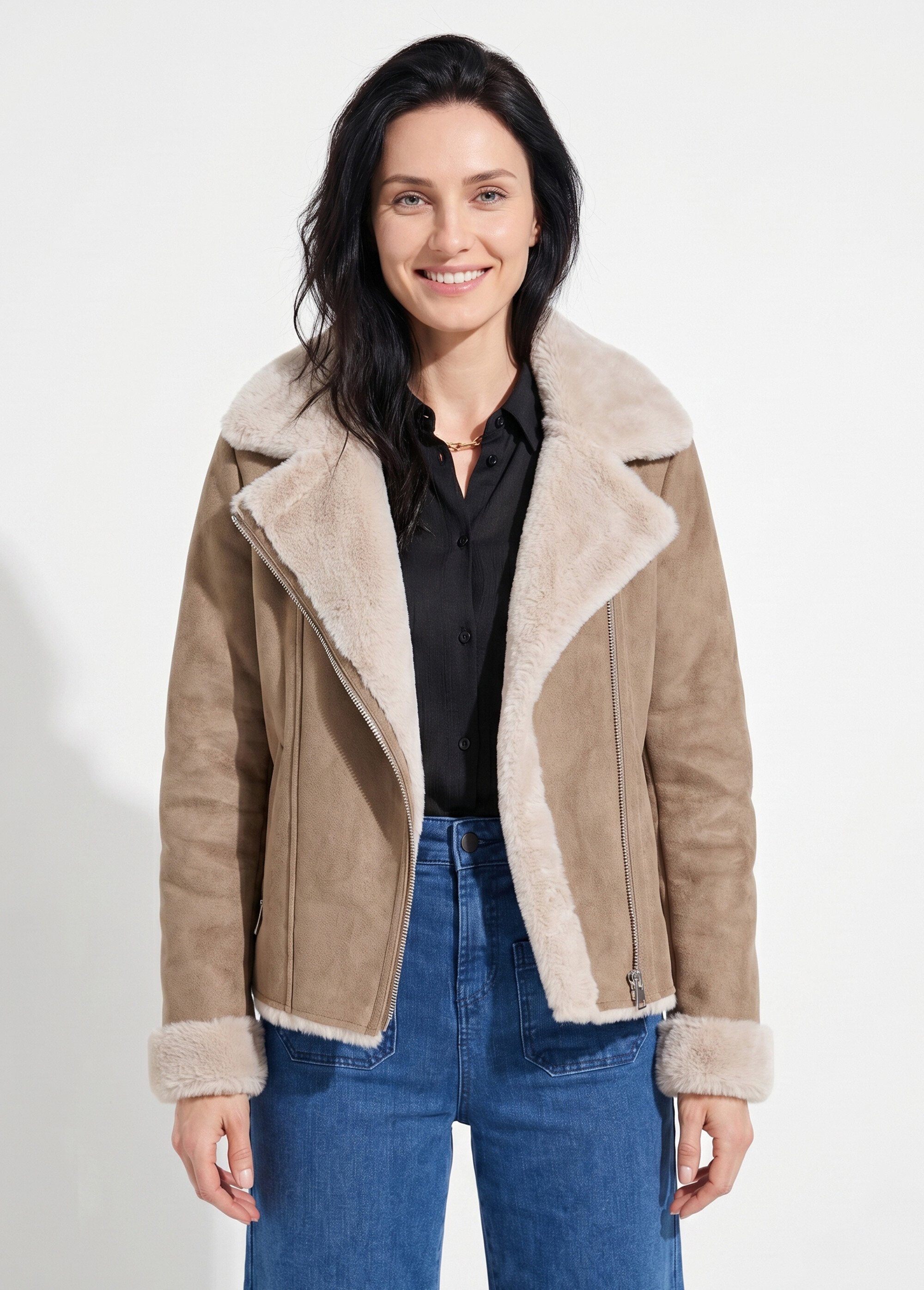 Blouson zippé façon peau lainée Femme Marron TAMINA FA1