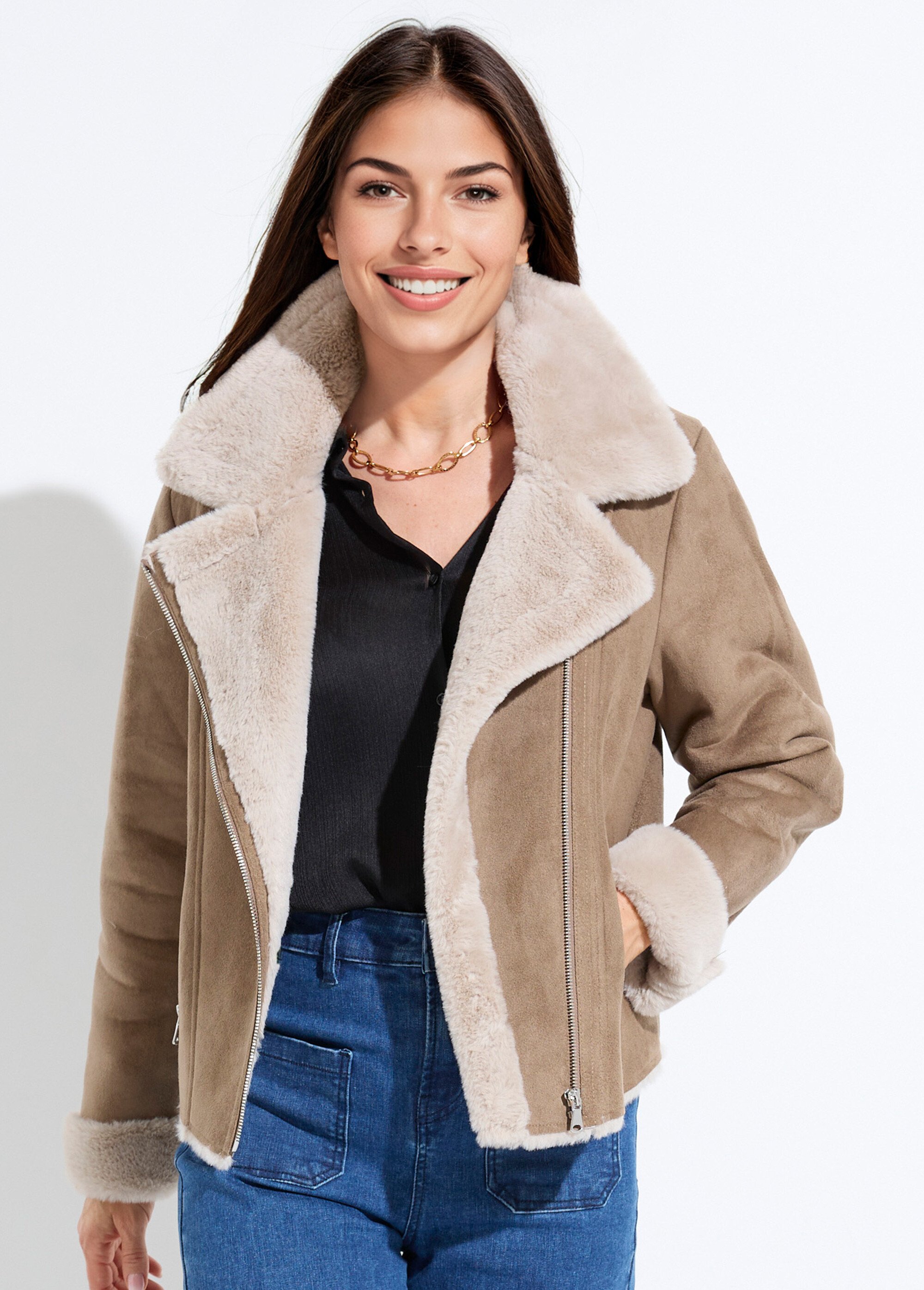 Blouson zippé façon peau lainée