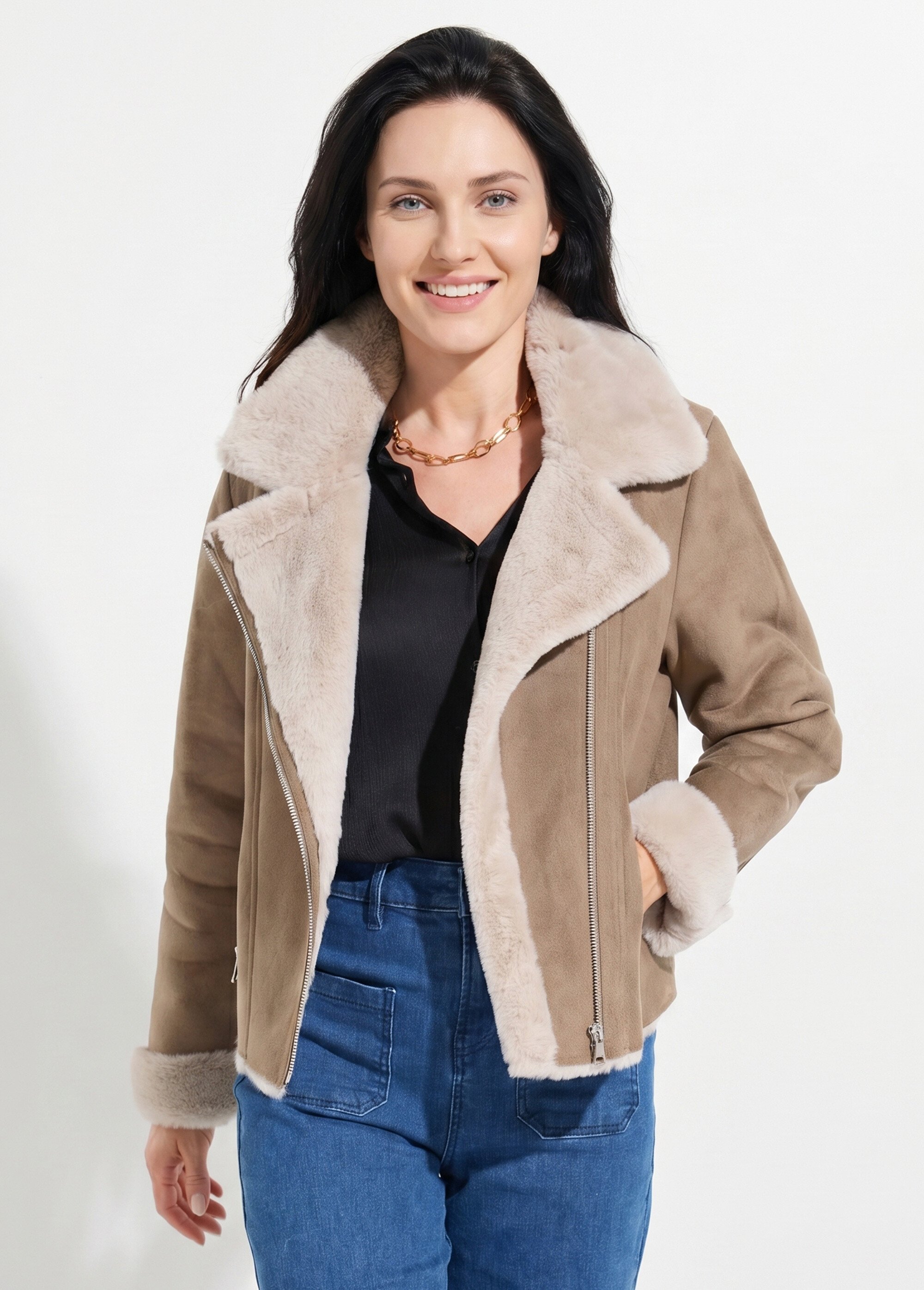 Blouson zippé façon peau lainée Femme Marron TAMINA MV1