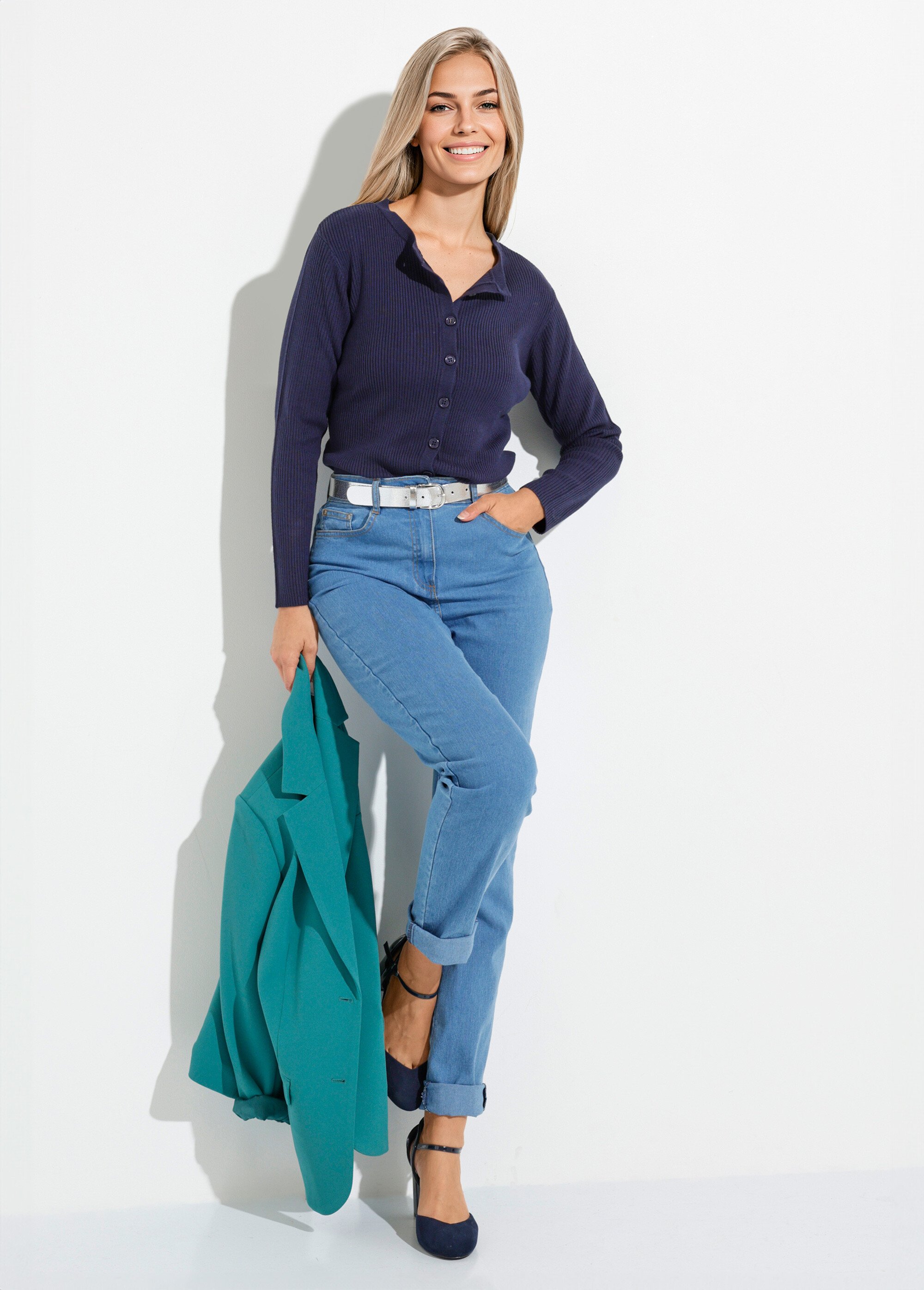 Cardigan boutonné maille côtelée unie Femme Bleu PAMINA MV1