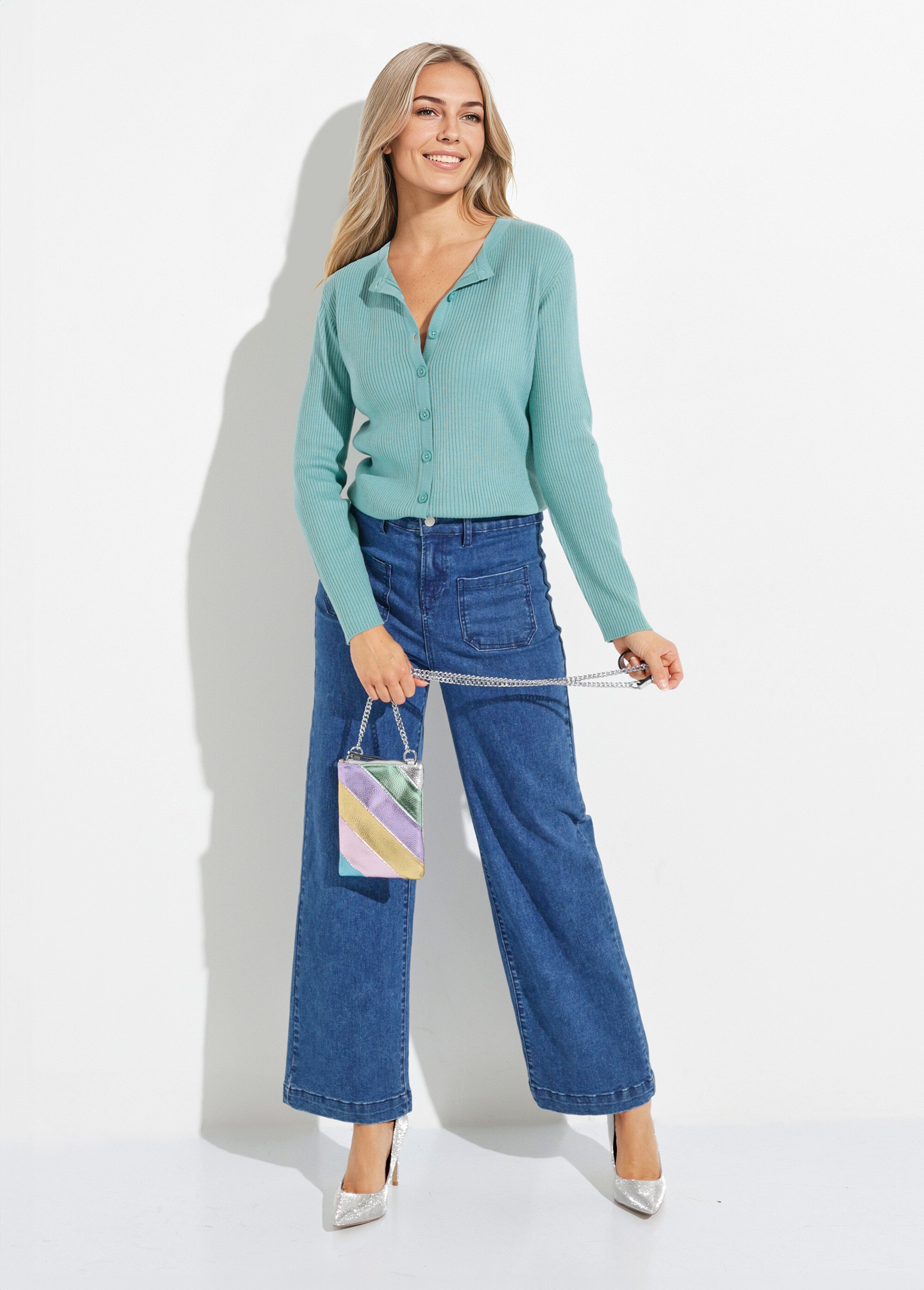 Cardigan boutonné maille côtelée unie Femme Vert PAMINA MV1