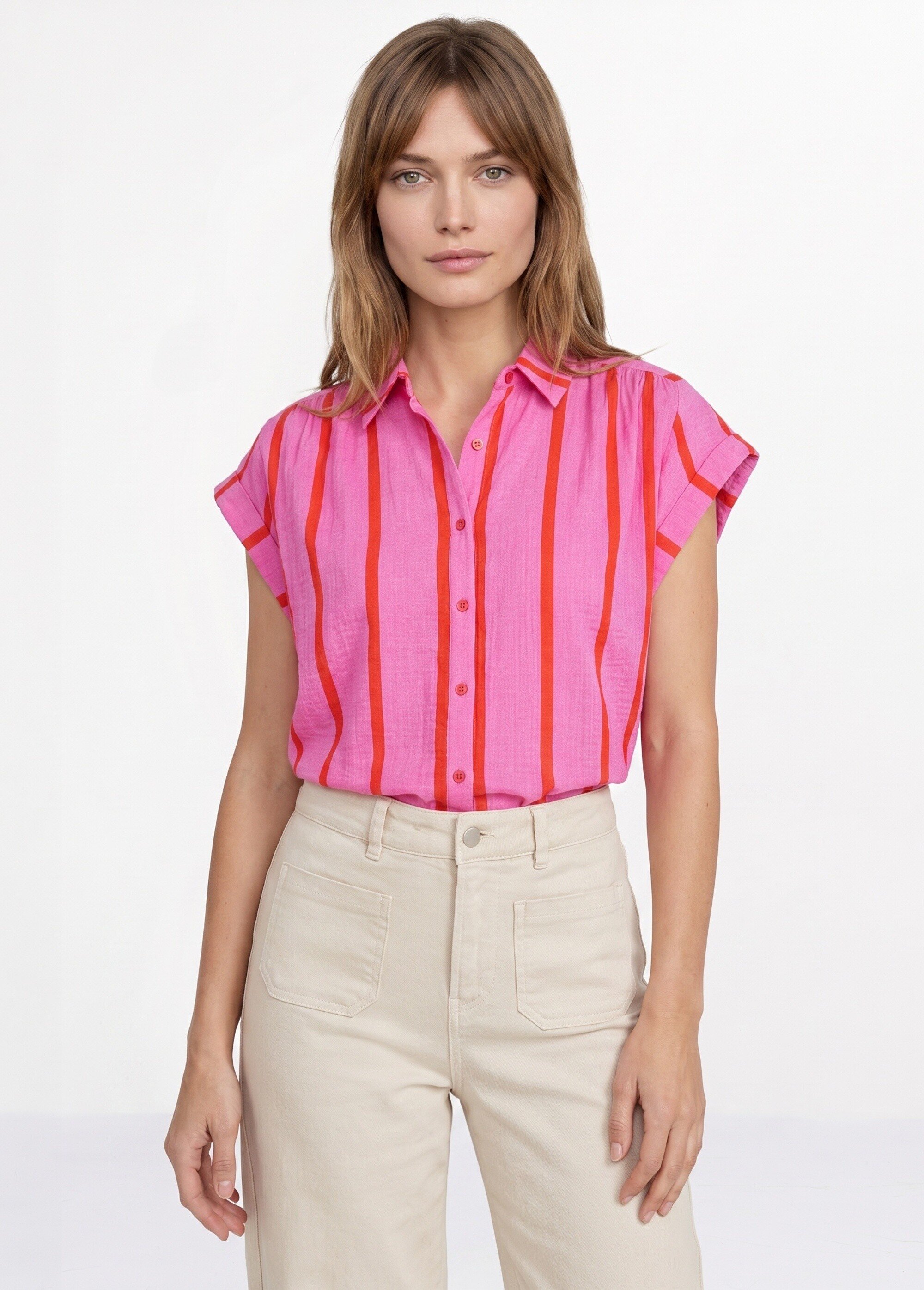 Chemisier rayures vives, manches revers Femme Rose IKB-50555 FA1