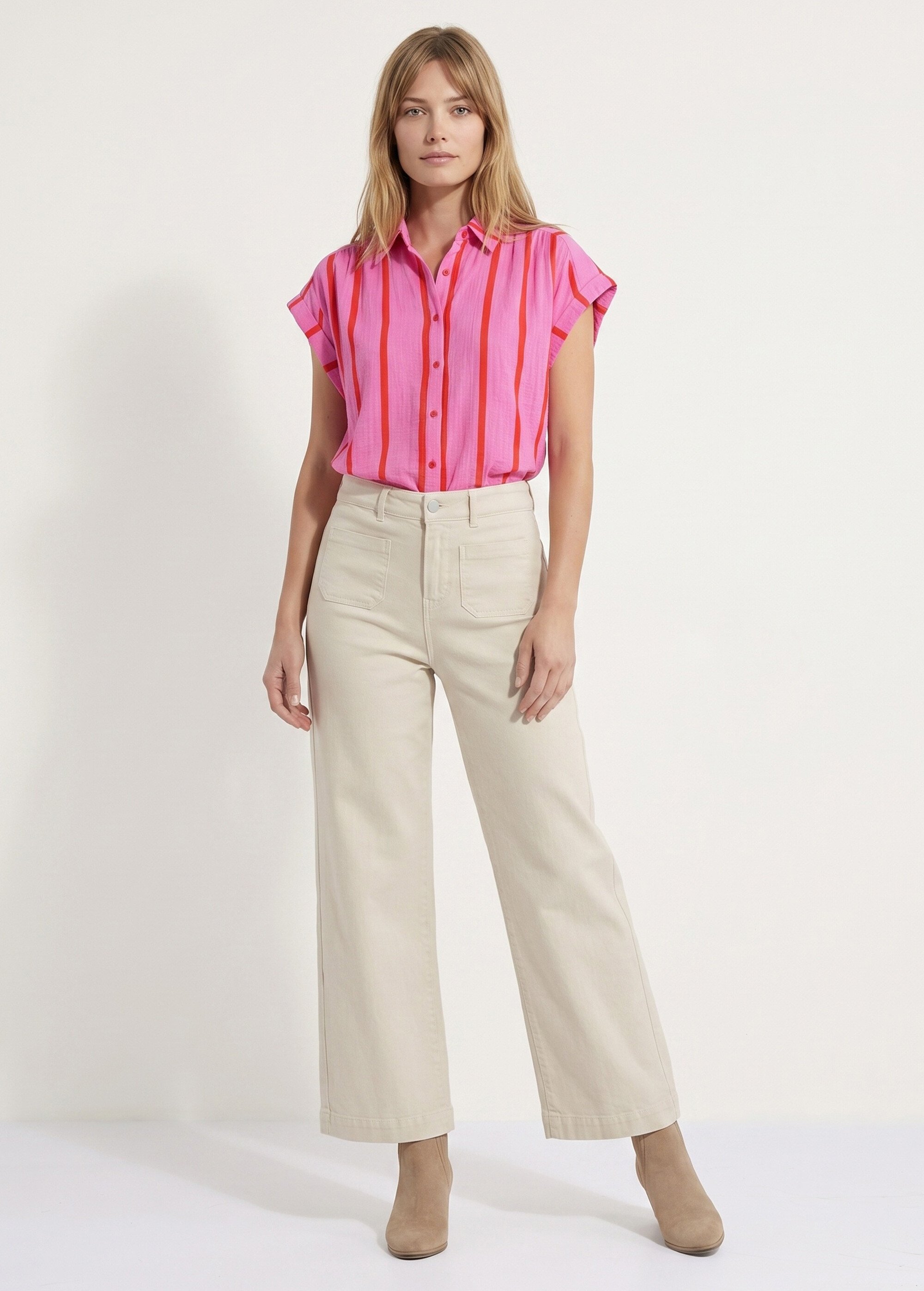 Chemisier rayures vives, manches revers Femme Rose IKB-50555 SI1