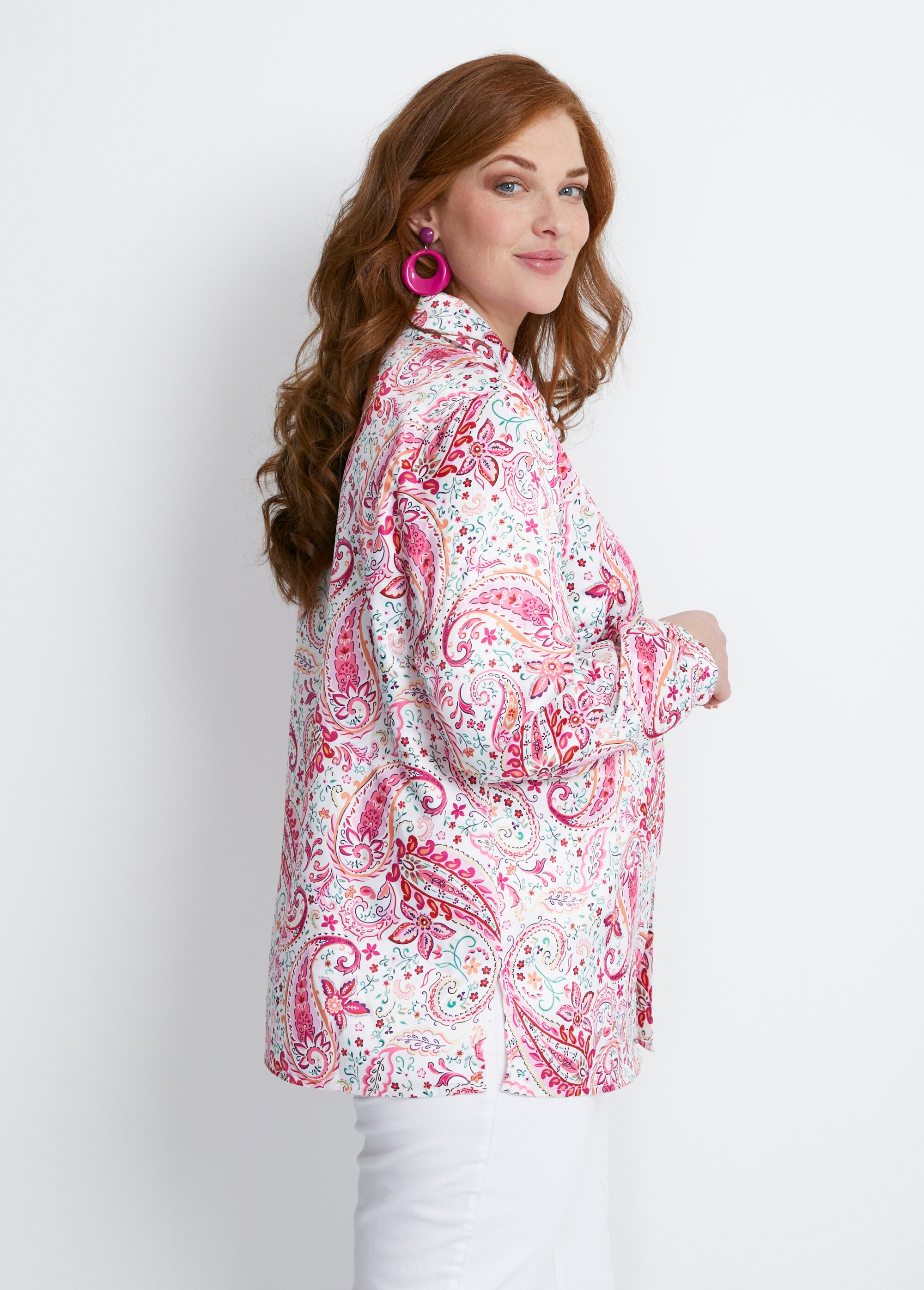 Chemisier long droit boutonné en satin Femme Grande Taille Rose CACIA DR1
