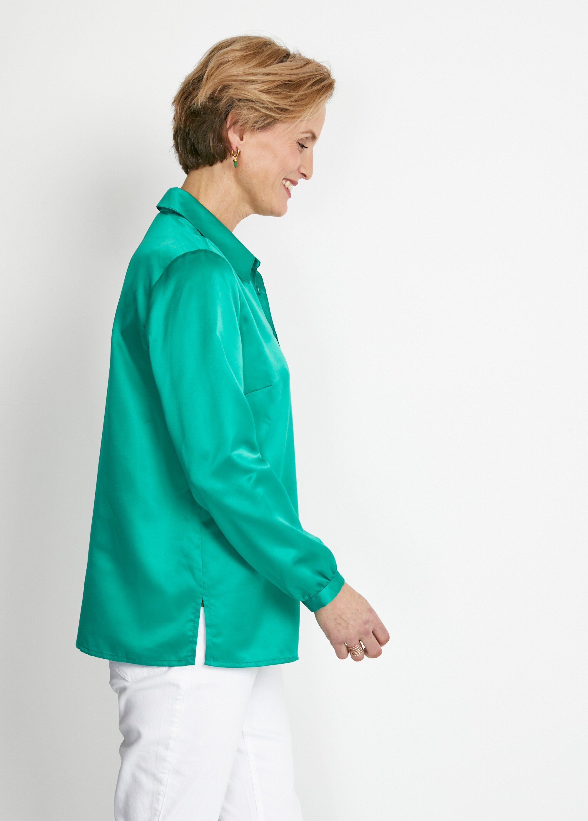 Chemisier long droit boutonné en satin Femme Vert CACIA DR1