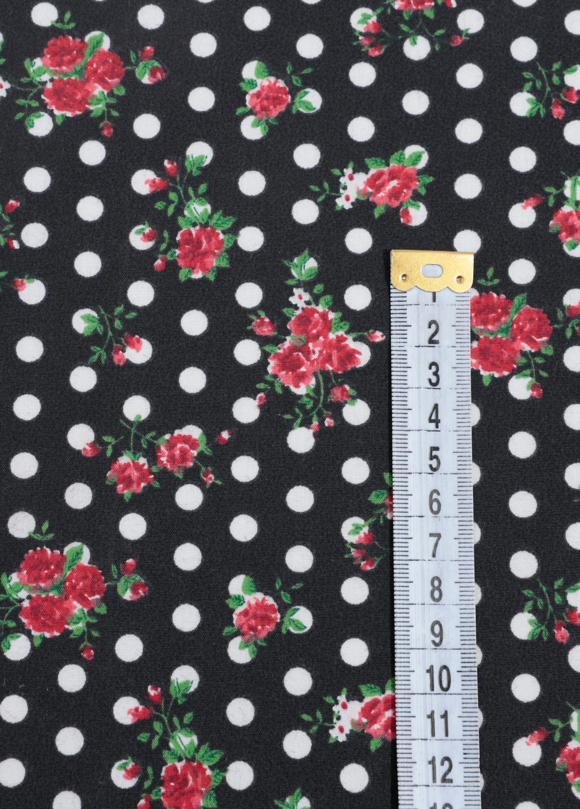 Coupon tissu pois / roses 50cm x 50cm 1M NOIR COT112993 DE1