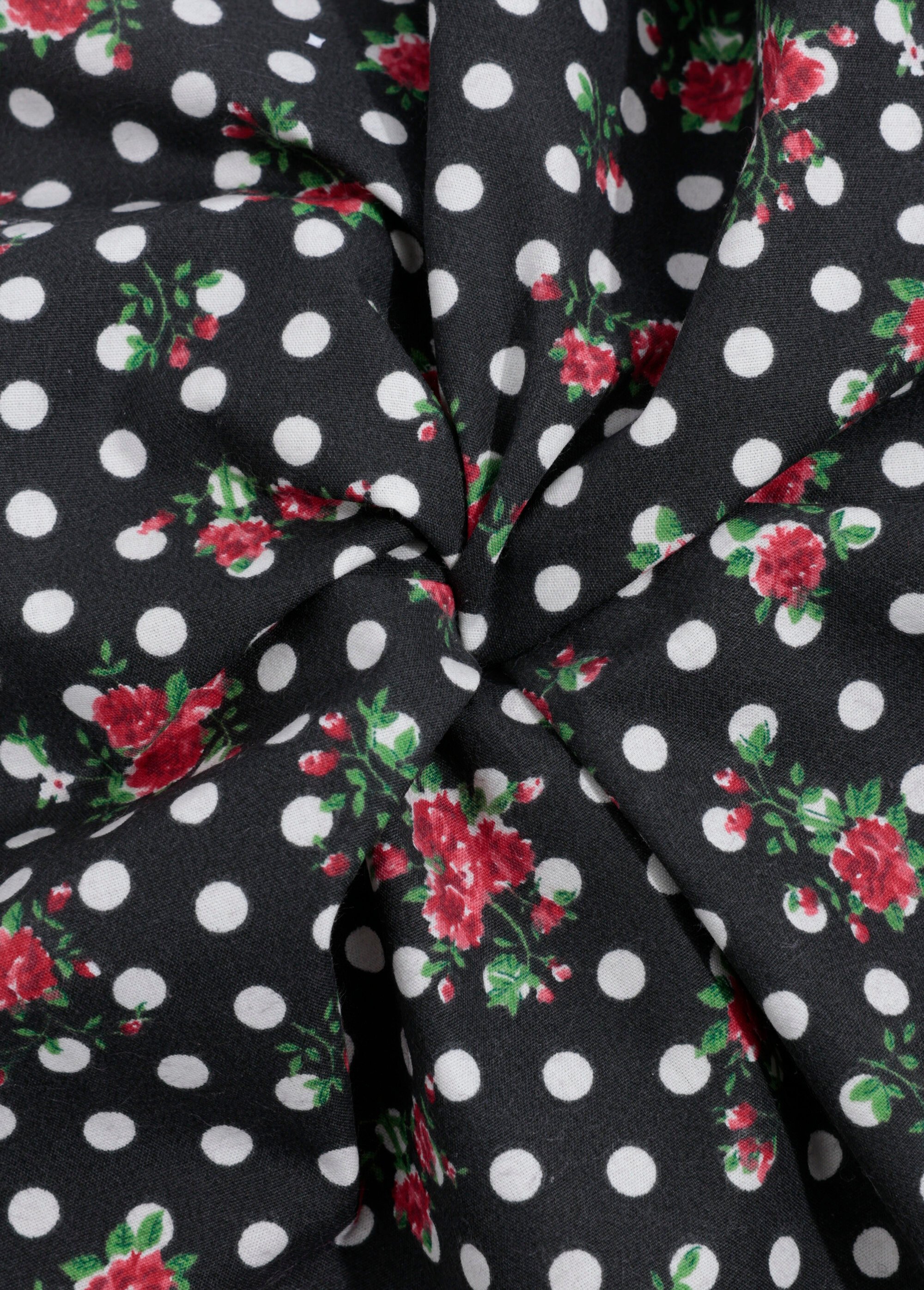 Coupon tissu pois / roses 50cm x 50cm 1M NOIR COT112993 FA1