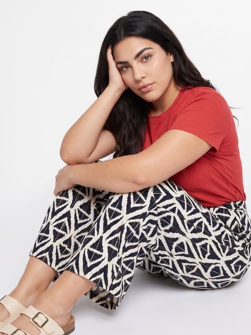 Pantalon large imprimé ethnique losanges Femme Grande Taille Bleu IKB-81505 MV1