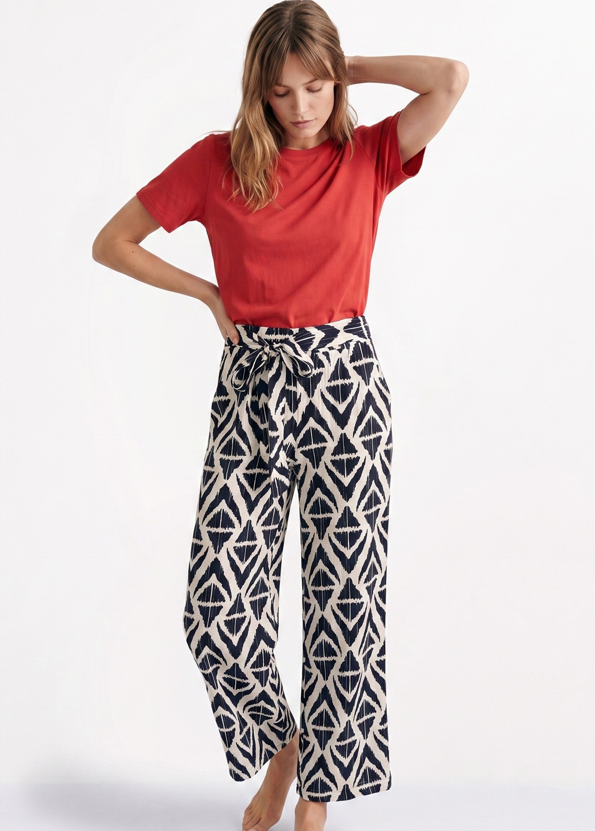 Pantalon large imprimé ethnique losanges Femme Bleu IKB-81505 MV1